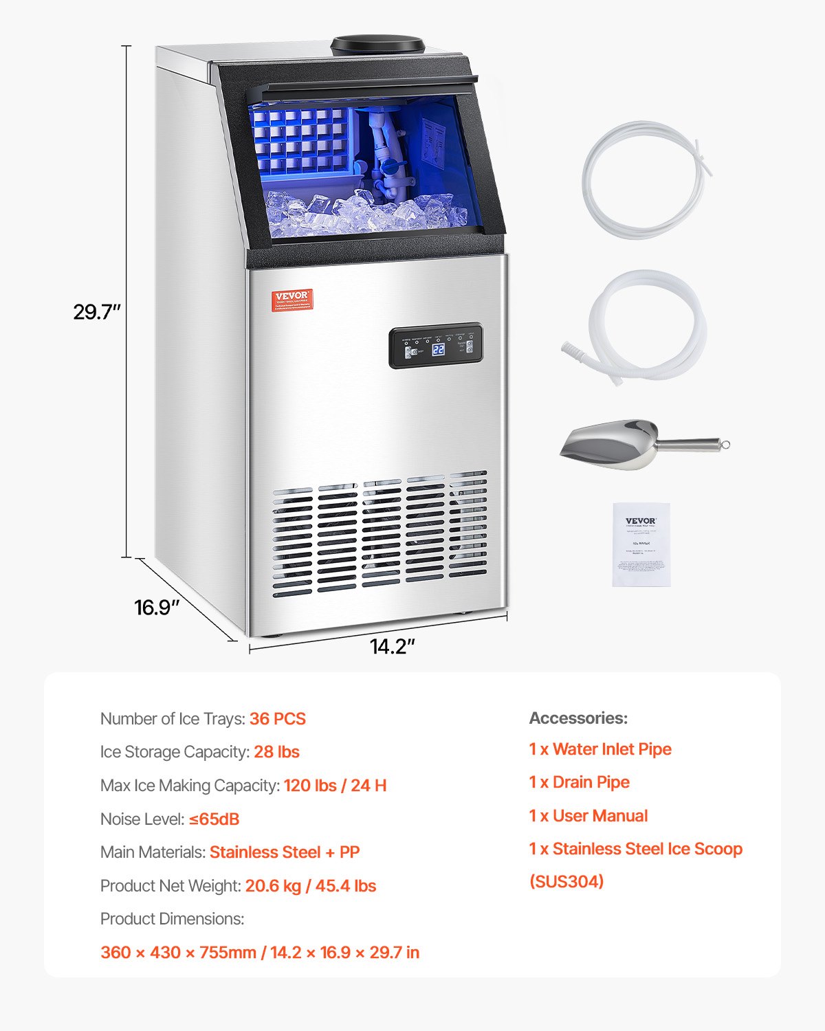VEVOR commercial ice machine (54.43 kg/day) with 12.7 kg storage capacity, 36 ice cubes in 15 minutes, with LED digital display & 2 water addition options, for bar, office, restaurant