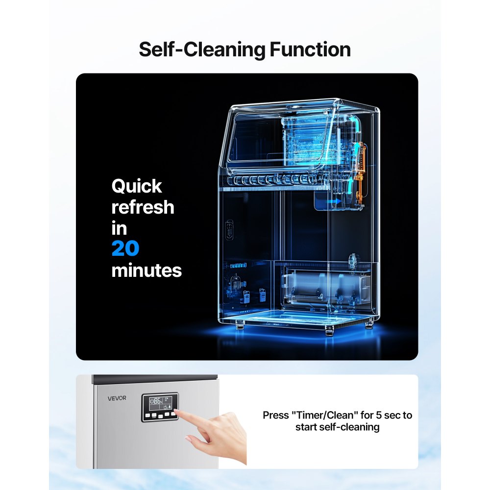 VEVOR Máquina para Fabricar Hielo 45 kg/24 h Almacenamiento de 13 kg, 45 Cubitos por Ciclo, de Acero Inoxidable, Independiente y Bajo Encimera, con Pantalla LED y Autolimpieza, para Bar, Restaurante