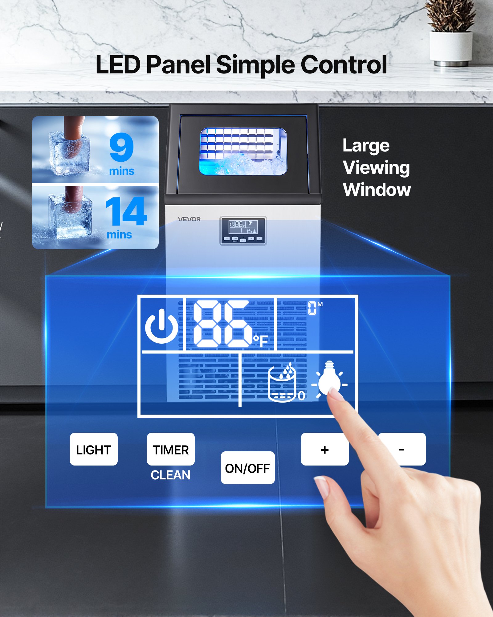 VEVOR Máquina para Fabricar Hielo 45 kg/24 h Almacenamiento de 13 kg, 45 Cubitos por Ciclo, de Acero Inoxidable, Independiente y Bajo Encimera, con Pantalla LED y Autolimpieza, para Bar, Restaurante
