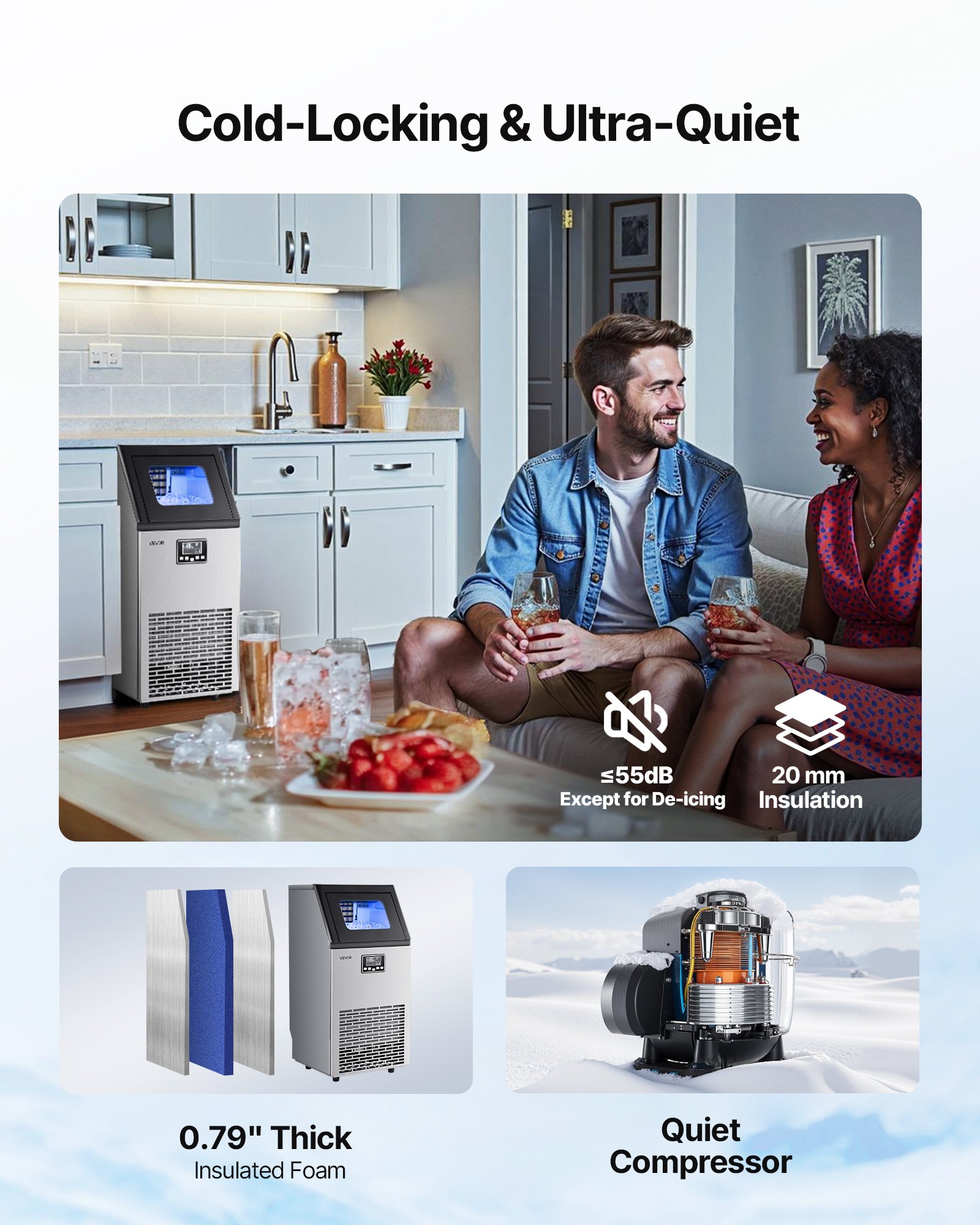 VEVOR Máquina para Fabricar Hielo 45 kg/24 h Almacenamiento de 13 kg, 45 Cubitos por Ciclo, de Acero Inoxidable, Independiente y Bajo Encimera, con Pantalla LED y Autolimpieza, para Bar, Restaurante