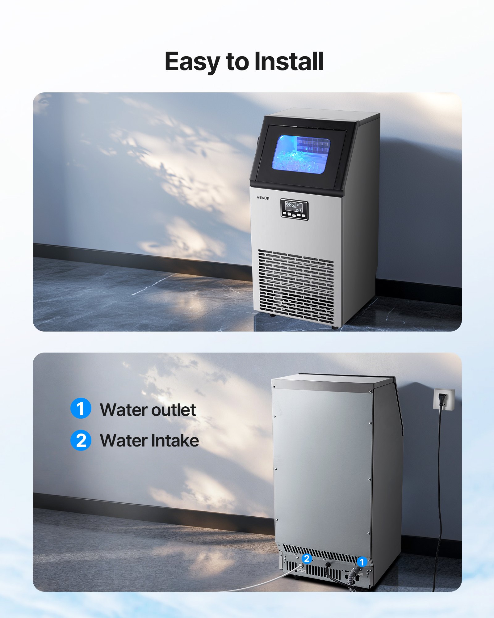 VEVOR Máquina para Fabricar Hielo 45 kg/24 h Almacenamiento de 13 kg, 45 Cubitos por Ciclo, de Acero Inoxidable, Independiente y Bajo Encimera, con Pantalla LED y Autolimpieza, para Bar, Restaurante