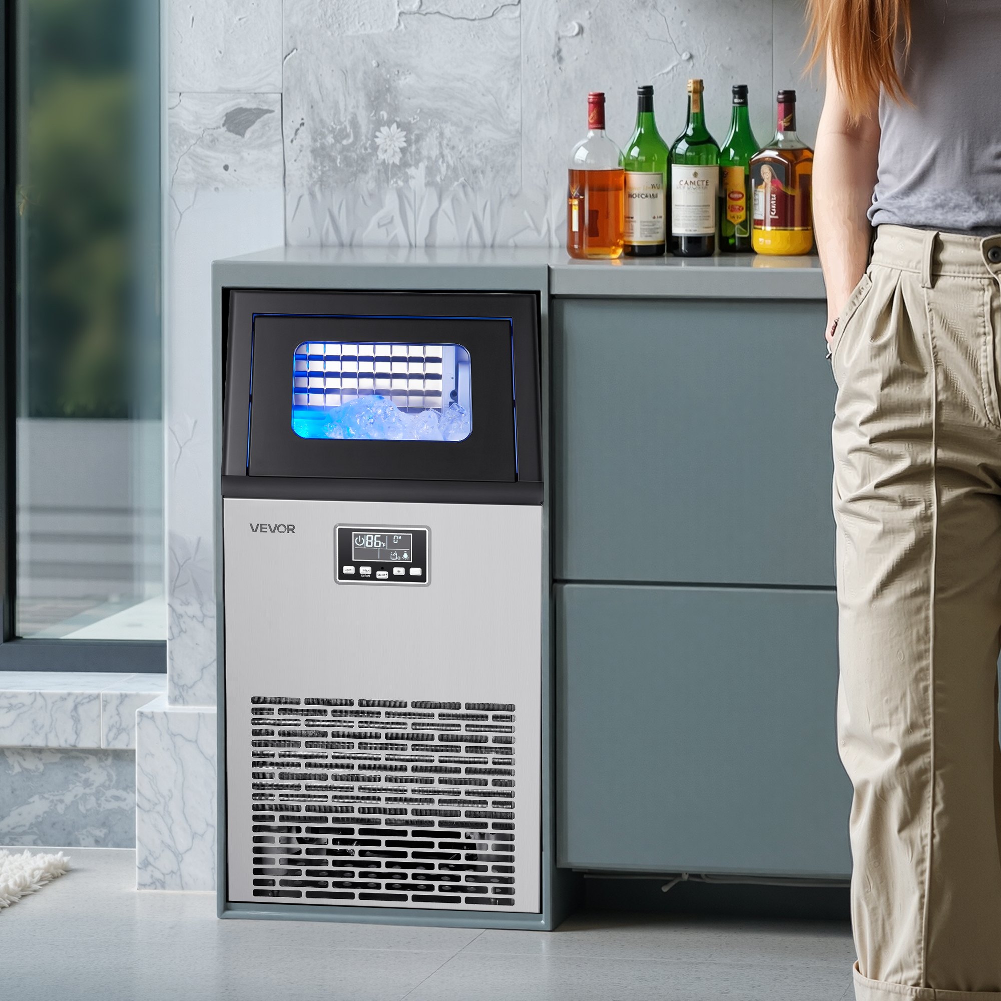 VEVOR Máquina para Fabricar Hielo 45 kg/24 h Almacenamiento de 13 kg, 45 Cubitos por Ciclo, de Acero Inoxidable, Independiente y Bajo Encimera, con Pantalla LED y Autolimpieza, para Bar, Restaurante