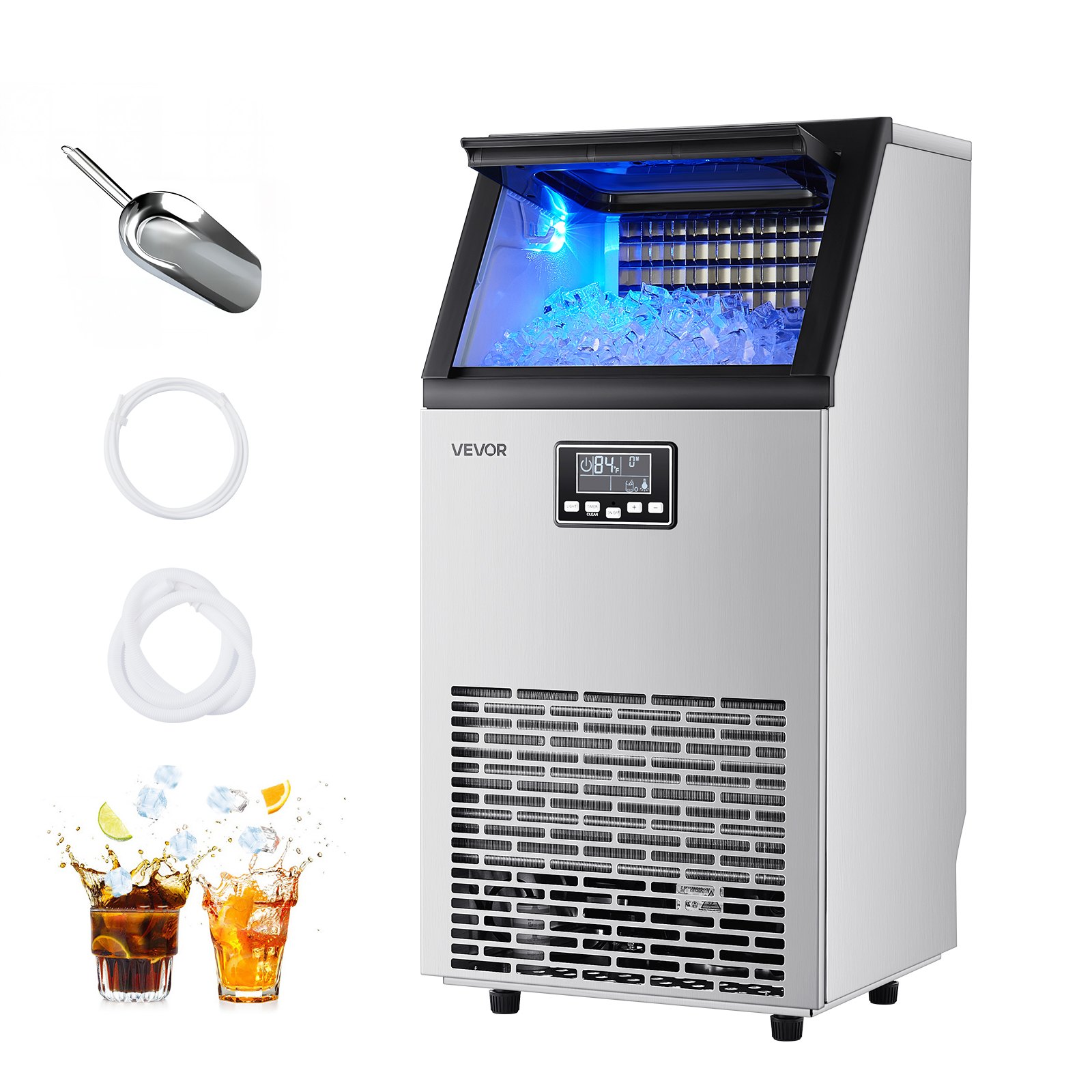 VEVOR Máquina para Fabricar Hielo 45 kg/24 h Almacenamiento de 13 kg, 45 Cubitos por Ciclo, de Acero Inoxidable, Independiente y Bajo Encimera, con Pantalla LED y Autolimpieza, para Bar, Restaurante