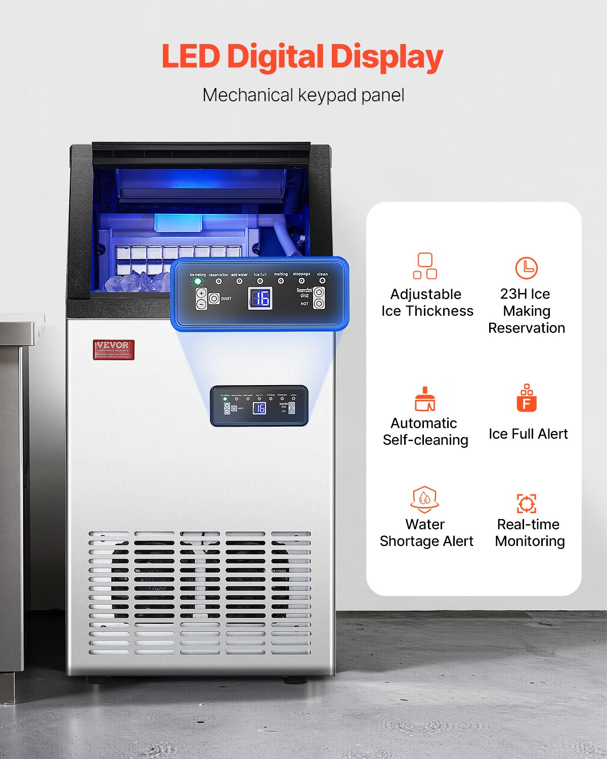 VEVOR Máquina de Hacer Hielo 50 kg/24 h Máquina de Hielo Independiente con Almacenamiento de 12,7 kg con Pantalla Digital LED 36 Cubitos de Hielo en 15 Minutos para Bar, Oficina, Restaurante