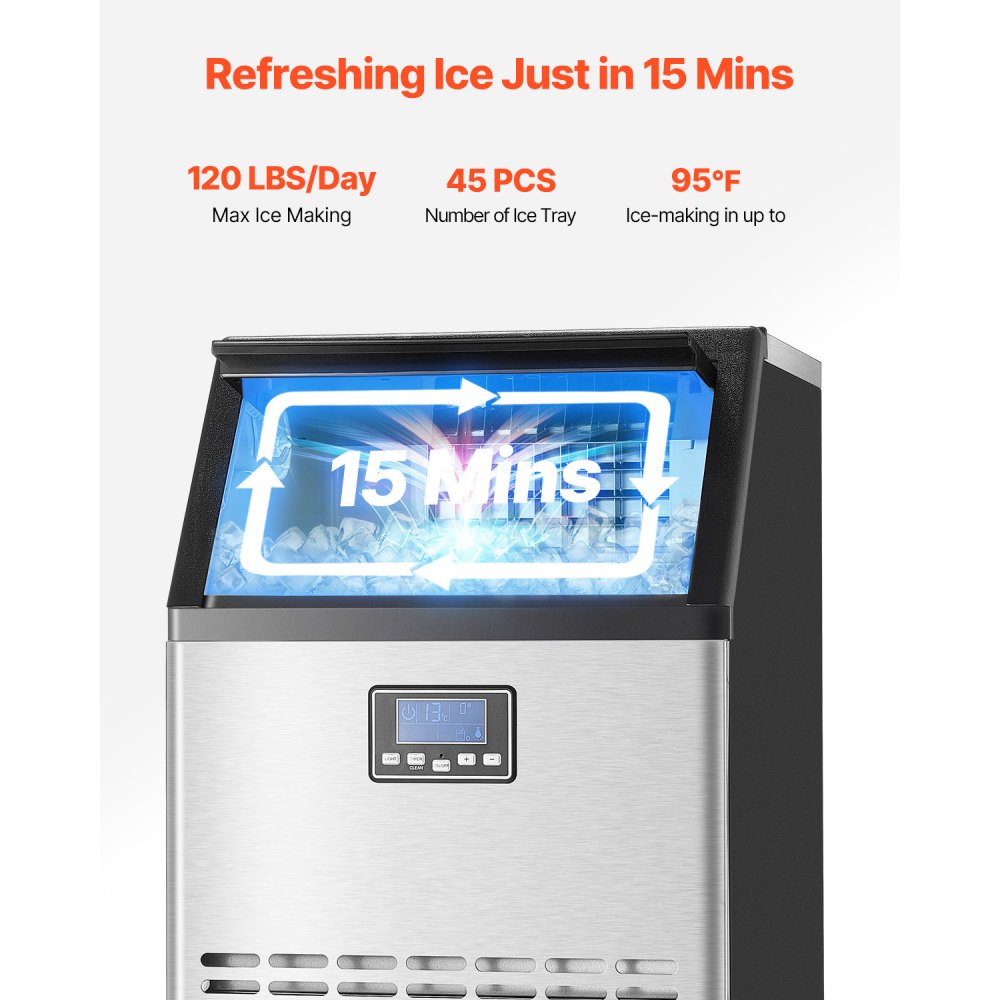 VEVOR commercial ice machine (54.43 kg/day) Ice maker with 14.97 kg storage capacity, 45 ice cubes in 15 minutes, LED digital display, freestanding, self-cleaning, for bar, office, restaurant