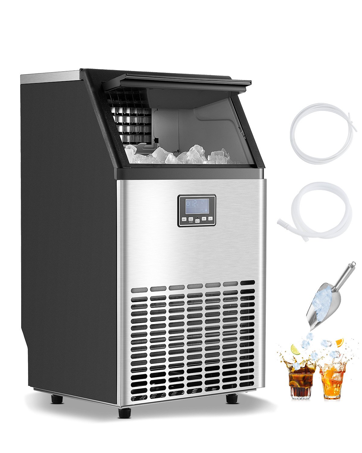 VEVOR Máquina para Fabricar Hielo 54,43 kg/24 h con Capacidad de Almacenamiento de 15 kg 45 Cubitos de Hielo en 15 Minutos Pantalla Digital LED Autolimpiante Independiente para Bar, Restaurante
