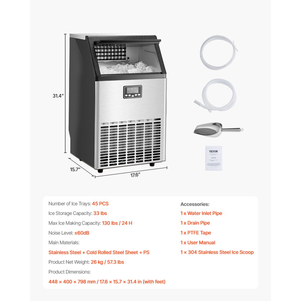 VEVOR Máquina para Fabricar Hielo 59 kg/24 h con Capacidad de Almacenamiento de 15 kg 45 Cubitos de Hielo en 15 Minutos Pantalla Digital LED Autolimpiante Independiente para Bar, Restaurante