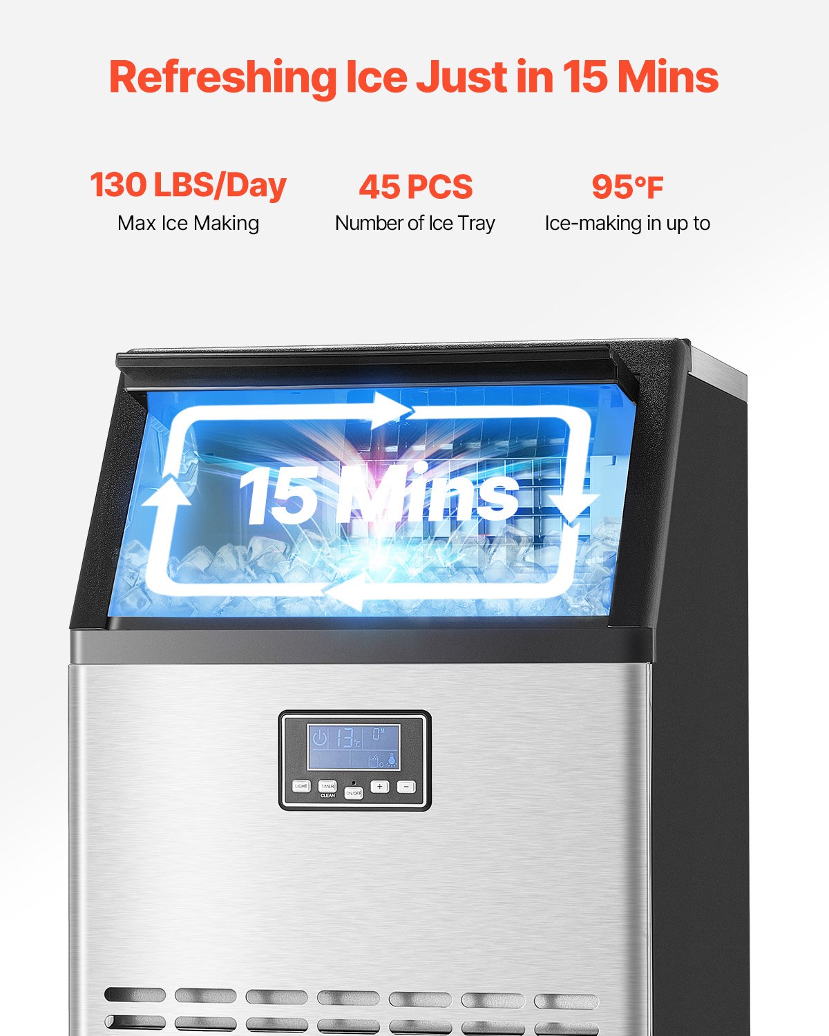 VEVOR Máquina para Fabricar Hielo 59 kg/24 h con Capacidad de Almacenamiento de 15 kg 45 Cubitos de Hielo en 15 Minutos Pantalla Digital LED Autolimpiante Independiente para Bar, Restaurante