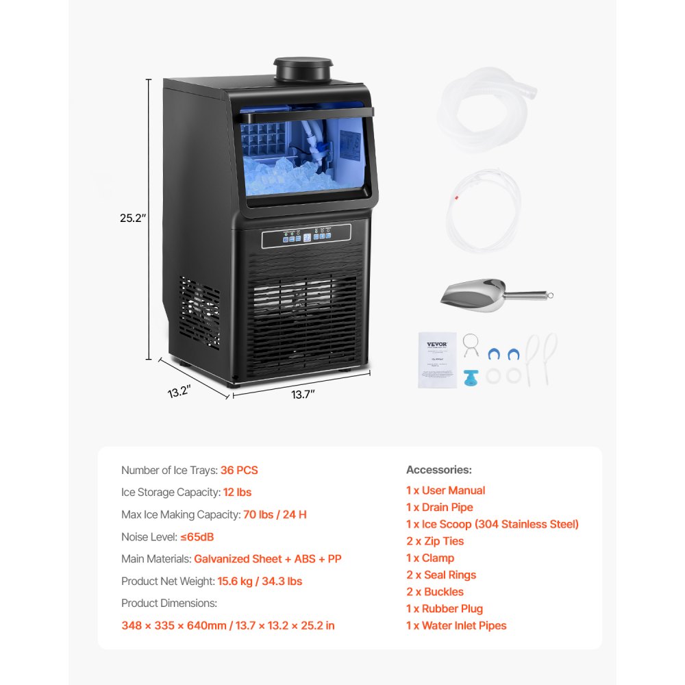 VEVOR Máquina para Fabricar Hielo 31,75 kg/24 h con Capacidad de Almacenamiento de 5,44 kg 36 Cubitos de Hielo en 15 Minutos Pantalla Digital LED Autolimpiante Independiente para Bar, Restaurante