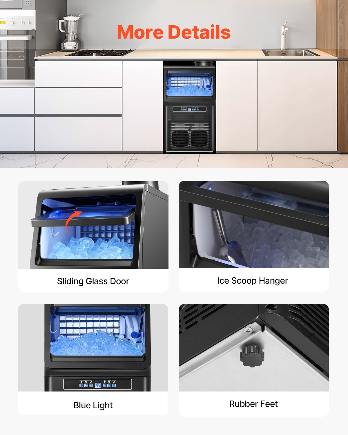 VEVOR Máquina para Fabricar Hielo 31,75 kg/24 h con Capacidad de Almacenamiento de 5,44 kg 36 Cubitos de Hielo en 15 Minutos Pantalla Digital LED Autolimpiante Independiente para Bar, Restaurante