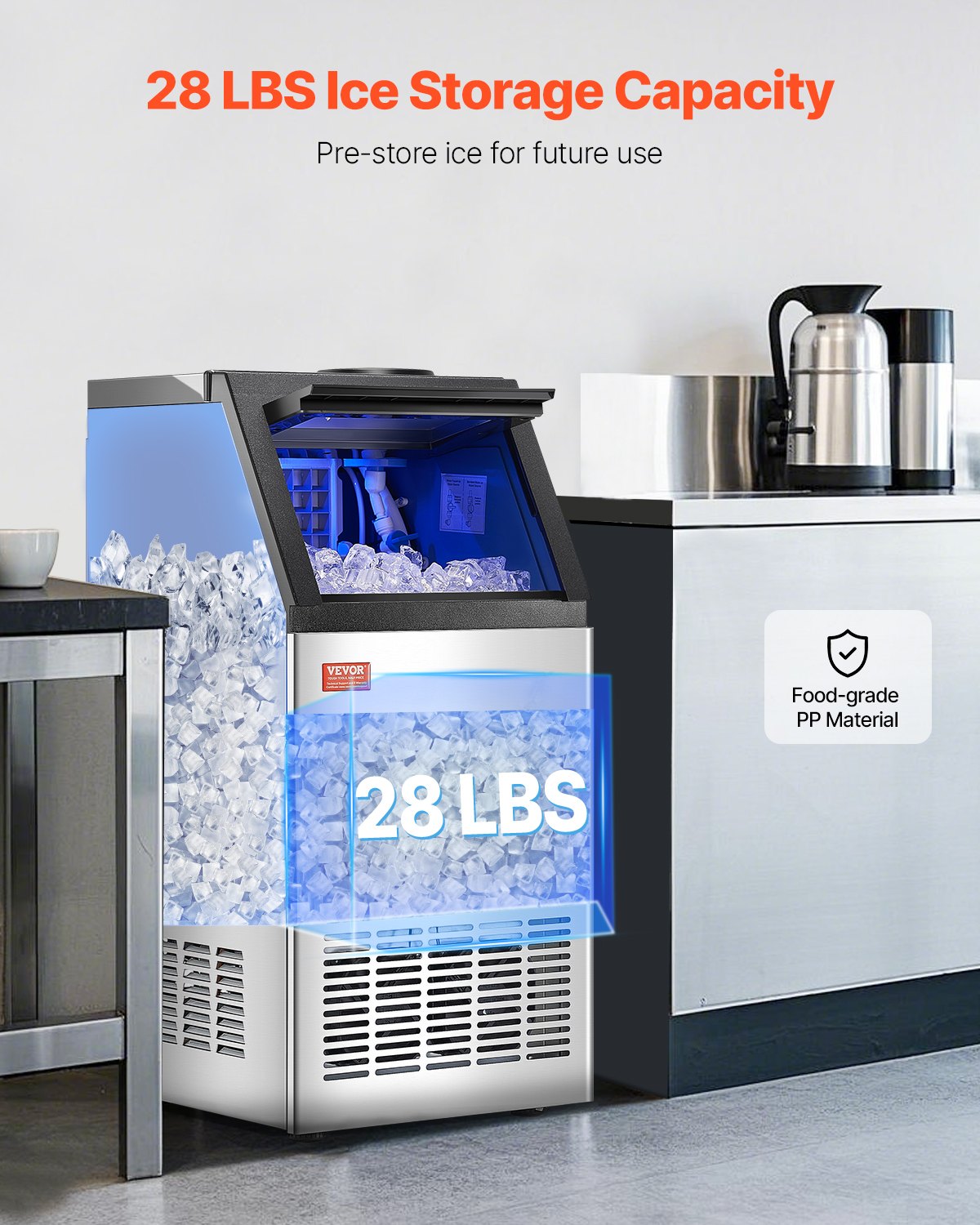 VEVOR Máquina para Fabricar Hielo 36,3 kg/24 h, Capacidad de Almacenamiento 12,8 kg, Pantalla Digital LED, Autolimpiable, para Bares y Restaurantes, Acero Inoxidable + PP, 360 x 430 x 755 mm