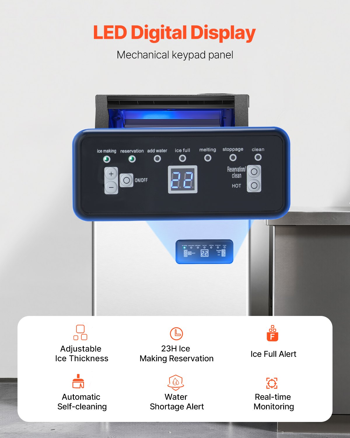 VEVOR Máquina para Fabricar Hielo 36,3 kg/24 h, Capacidad de Almacenamiento 12,8 kg, Pantalla Digital LED, Autolimpiable, para Bares y Restaurantes, Acero Inoxidable + PP, 360 x 430 x 755 mm