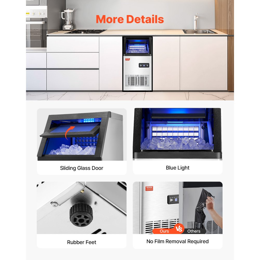 VEVOR Máquina para Fabricar Hielo 45,36 kg/24 h con Capacidad de Almacenamiento de 7,25 kg 36 Cubitos de Hielo en 15 Minutos Pantalla Digital LED Autolimpiante Independiente para Bar, Restaurante