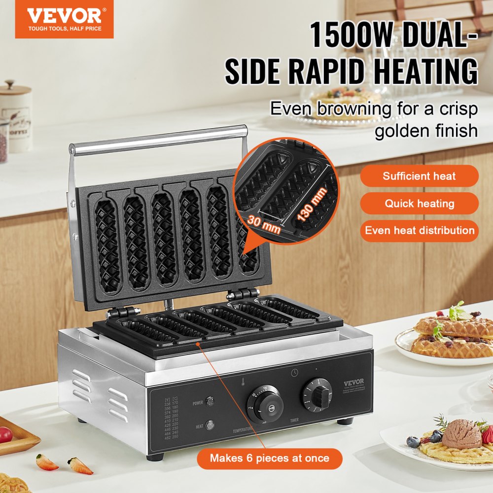 VEVOR 6 PCS Máquina para Hacer Gofres Comerciales, 1500 W, Acero Inoxidable Antiadherente, para Gofres de Maíz, Salchichas, Control de Temperatura y Tiempo, Asa, para Restaurantes, Panaderías, Bares