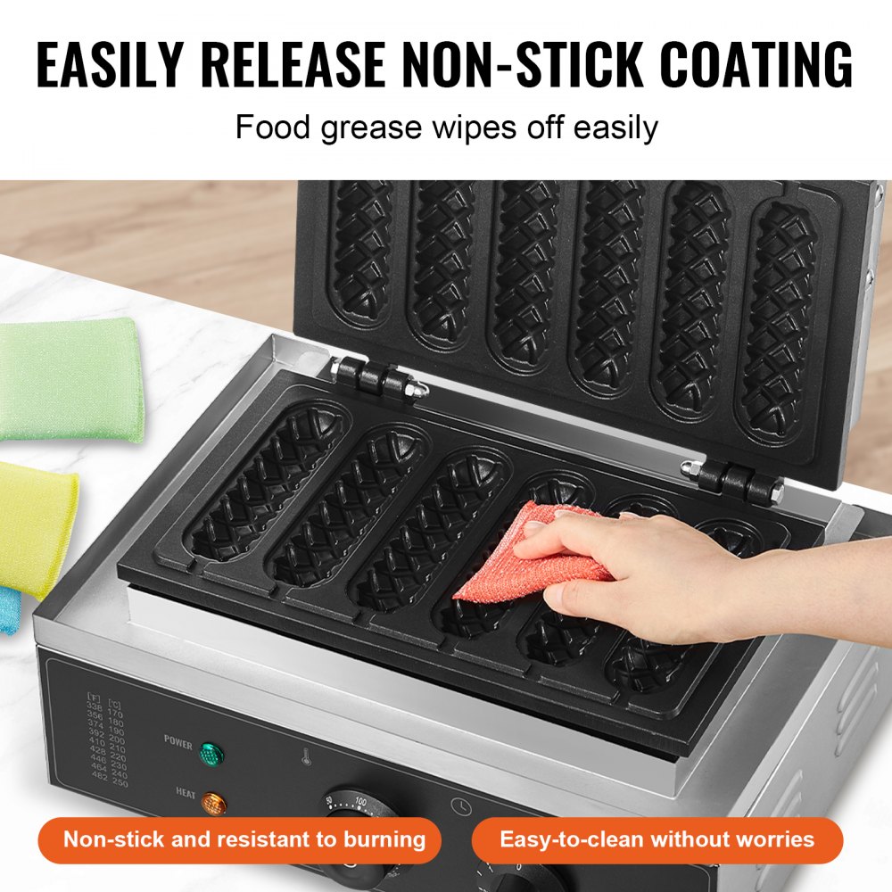 VEVOR 6 PCS Máquina para Hacer Gofres Comerciales, 1500 W, Acero Inoxidable Antiadherente, para Gofres de Maíz, Salchichas, Control de Temperatura y Tiempo, Asa, para Restaurantes, Panaderías, Bares