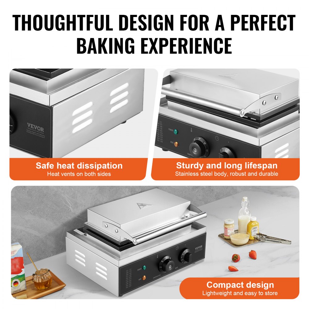 VEVOR 6 PCS Máquina para Hacer Gofres Comerciales, 1500 W, Acero Inoxidable Antiadherente, para Gofres de Maíz, Salchichas, Control de Temperatura y Tiempo, Asa, para Restaurantes, Panaderías, Bares