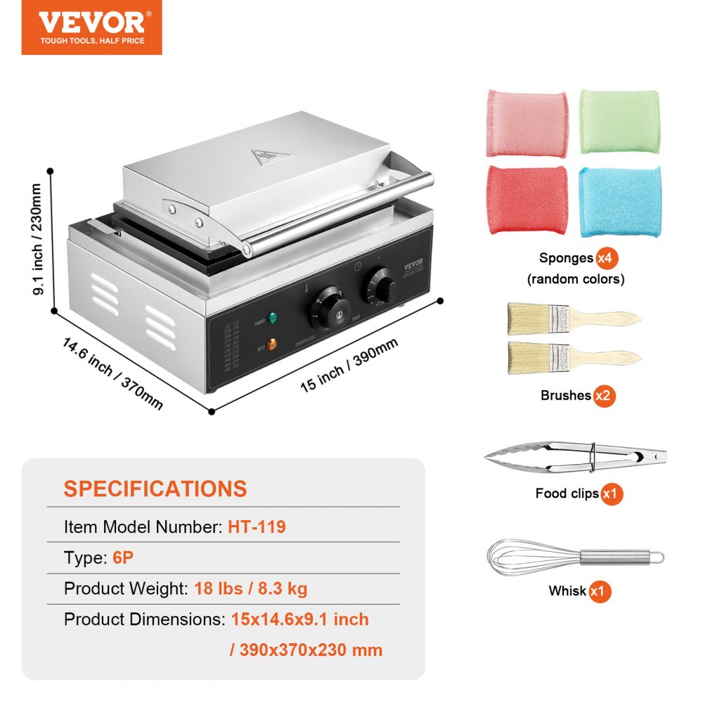 VEVOR 6 PCS Máquina para Hacer Gofres Comerciales, 1500 W, Acero Inoxidable Antiadherente, para Gofres de Maíz, Salchichas, Control de Temperatura y Tiempo, Asa, para Restaurantes, Panaderías, Bares