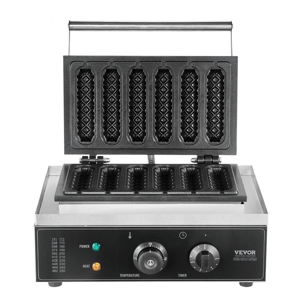 VEVOR 6 PCS Máquina para Hacer Gofres Comerciales, 1500 W, Acero Inoxidable Antiadherente, para Gofres de Maíz, Salchichas, Control de Temperatura y Tiempo, Asa, para Restaurantes, Panaderías, Bares