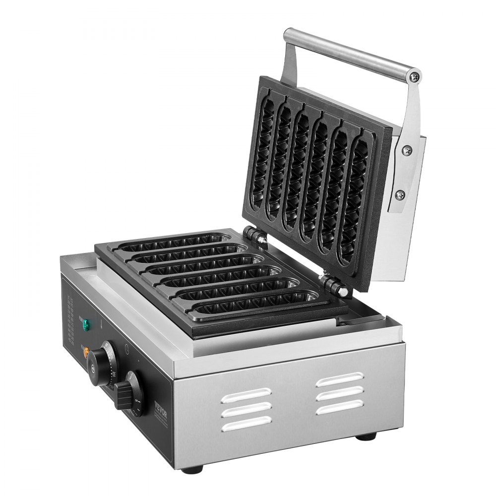 VEVOR 6 PCS Máquina para Hacer Gofres Comerciales, 1500 W, Acero Inoxidable Antiadherente, para Gofres de Maíz, Salchichas, Control de Temperatura y Tiempo, Asa, para Restaurantes, Panaderías, Bares