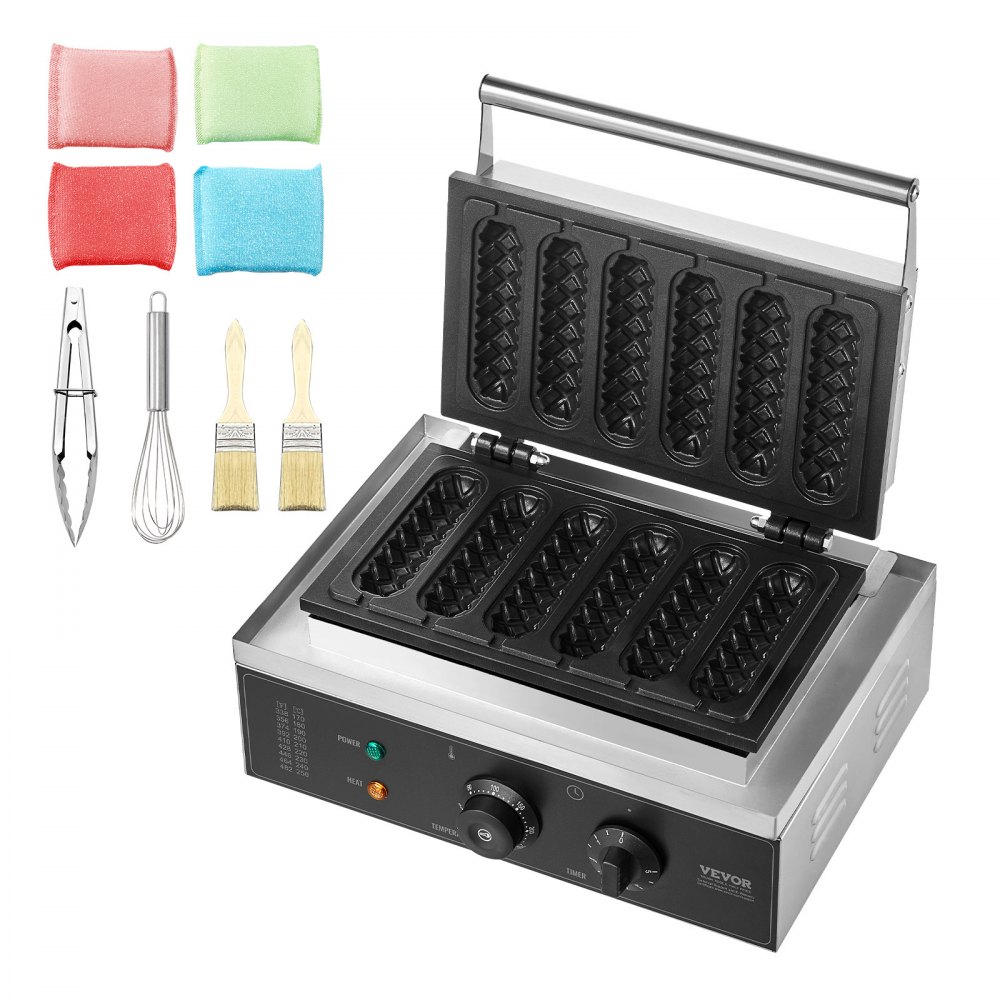 VEVOR 6 PCS Máquina para Hacer Gofres Comerciales, 1500 W, Acero Inoxidable Antiadherente, para Gofres de Maíz, Salchichas, Control de Temperatura y Tiempo, Asa, para Restaurantes, Panaderías, Bares