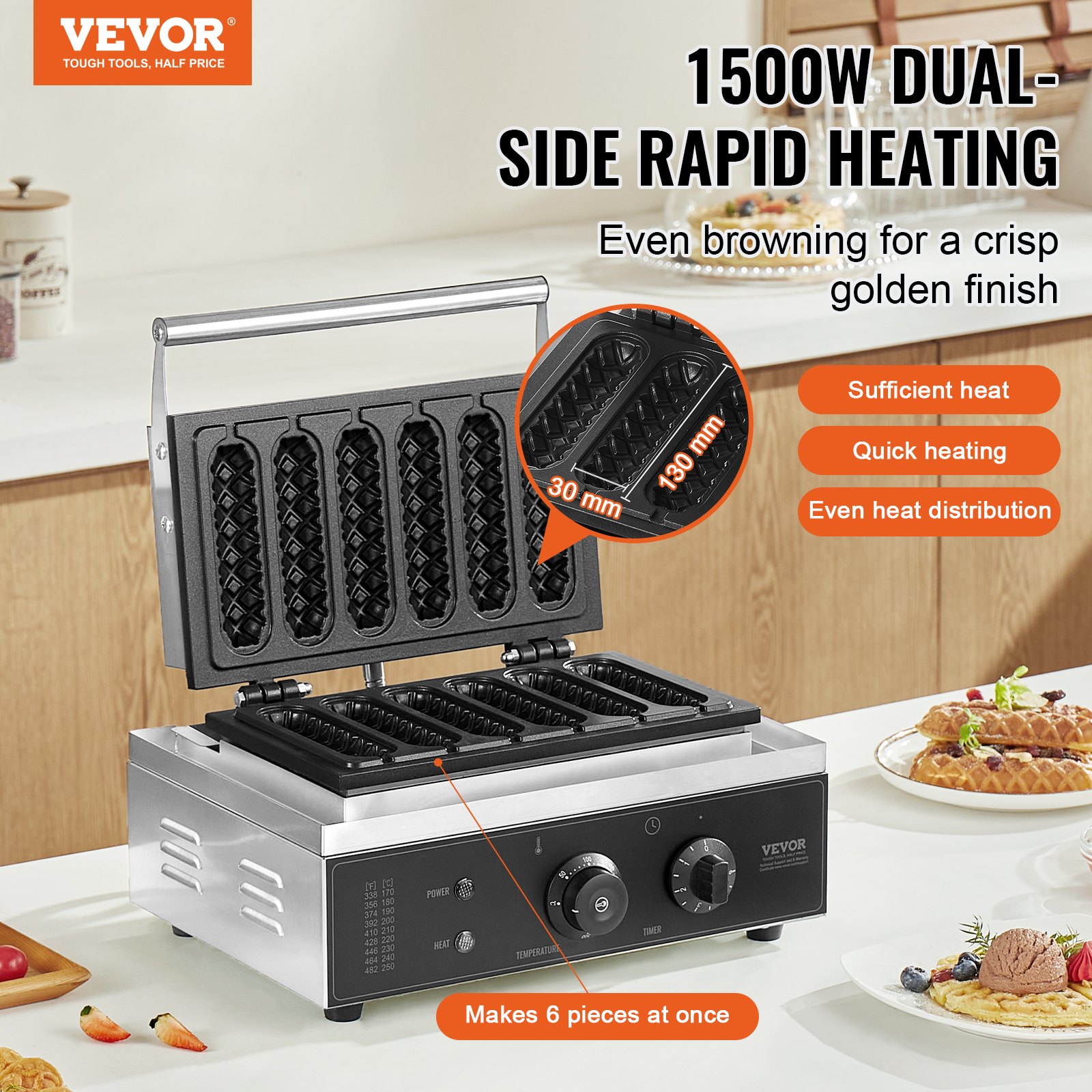 VEVOR 6 PCS Máquina para Hacer Gofres Comerciales, 1500 W, Acero Inoxidable Antiadherente, para Gofres de Maíz, Salchichas, Control de Temperatura y Tiempo, Asa, para Restaurantes, Panaderías, Bares
