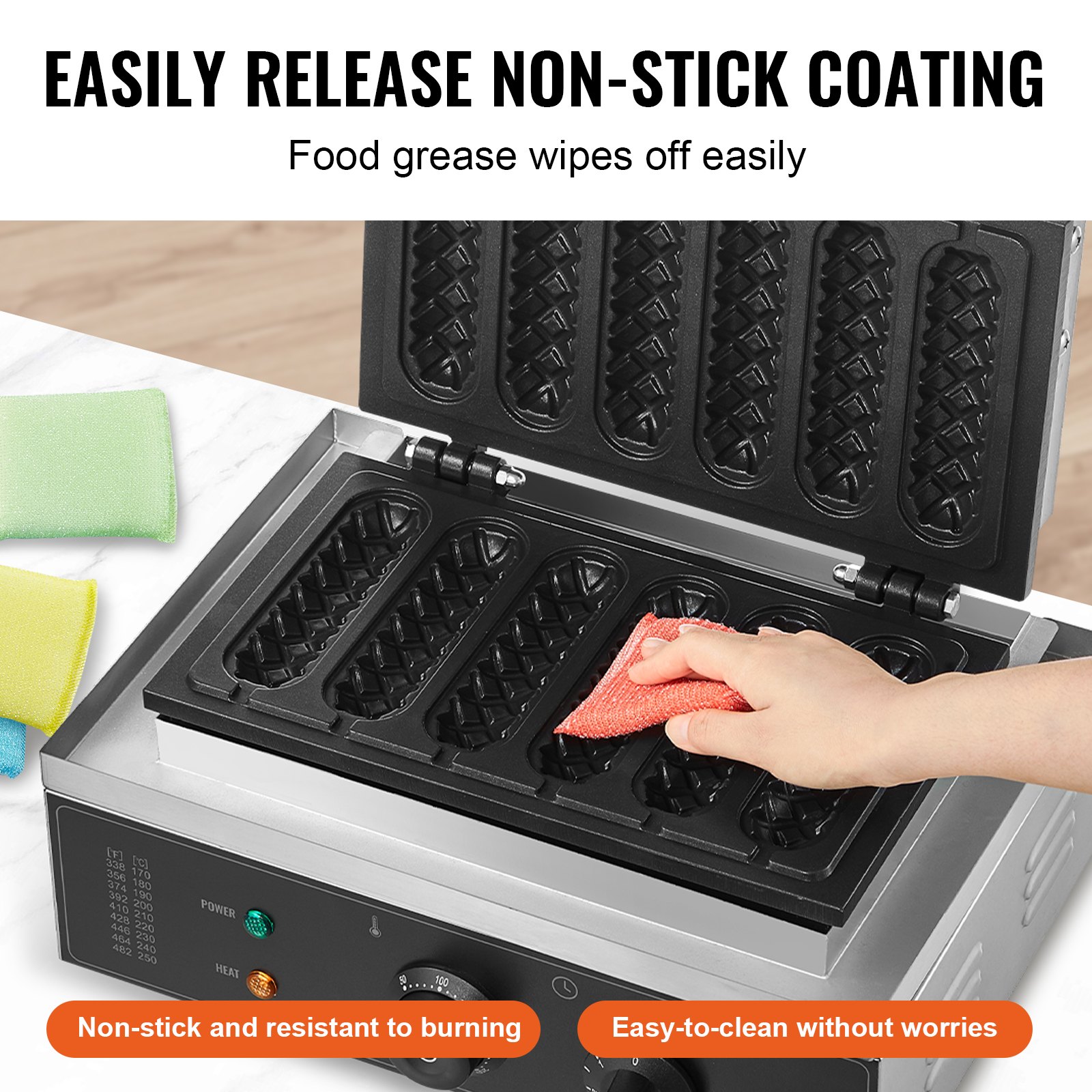 VEVOR 6 PCS Máquina para Hacer Gofres Comerciales, 1500 W, Acero Inoxidable Antiadherente, para Gofres de Maíz, Salchichas, Control de Temperatura y Tiempo, Asa, para Restaurantes, Panaderías, Bares