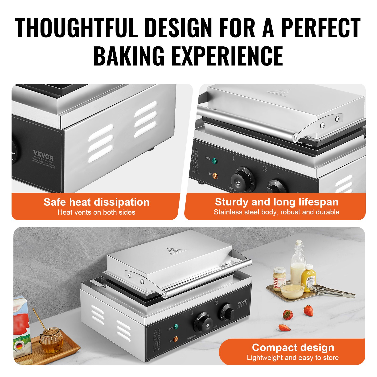 VEVOR 6 PCS Máquina para Hacer Gofres Comerciales, 1500 W, Acero Inoxidable Antiadherente, para Gofres de Maíz, Salchichas, Control de Temperatura y Tiempo, Asa, para Restaurantes, Panaderías, Bares