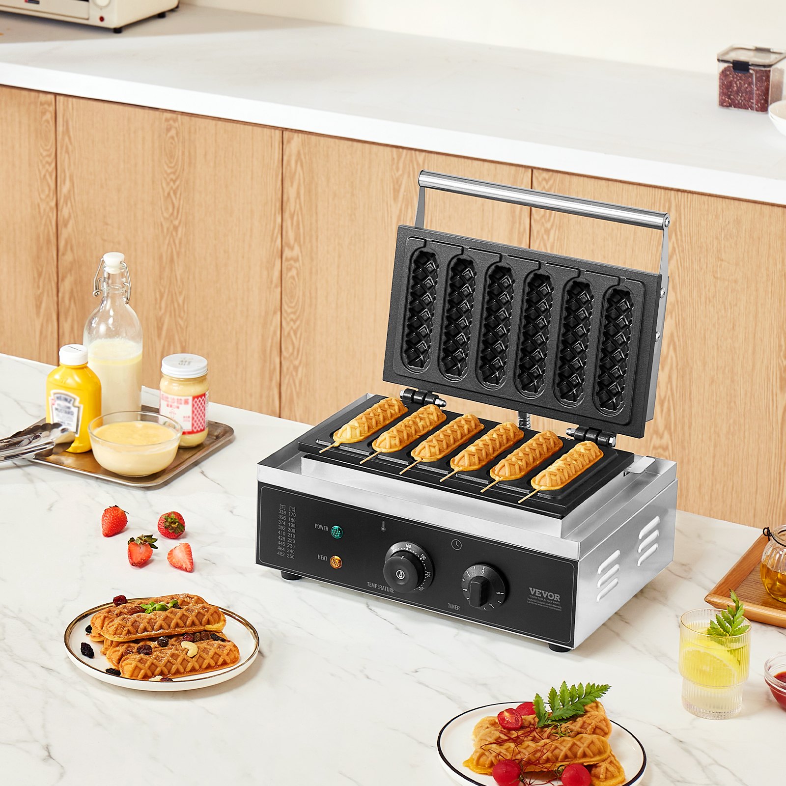 VEVOR 6 PCS Máquina para Hacer Gofres Comerciales, 1500 W, Acero Inoxidable Antiadherente, para Gofres de Maíz, Salchichas, Control de Temperatura y Tiempo, Asa, para Restaurantes, Panaderías, Bares