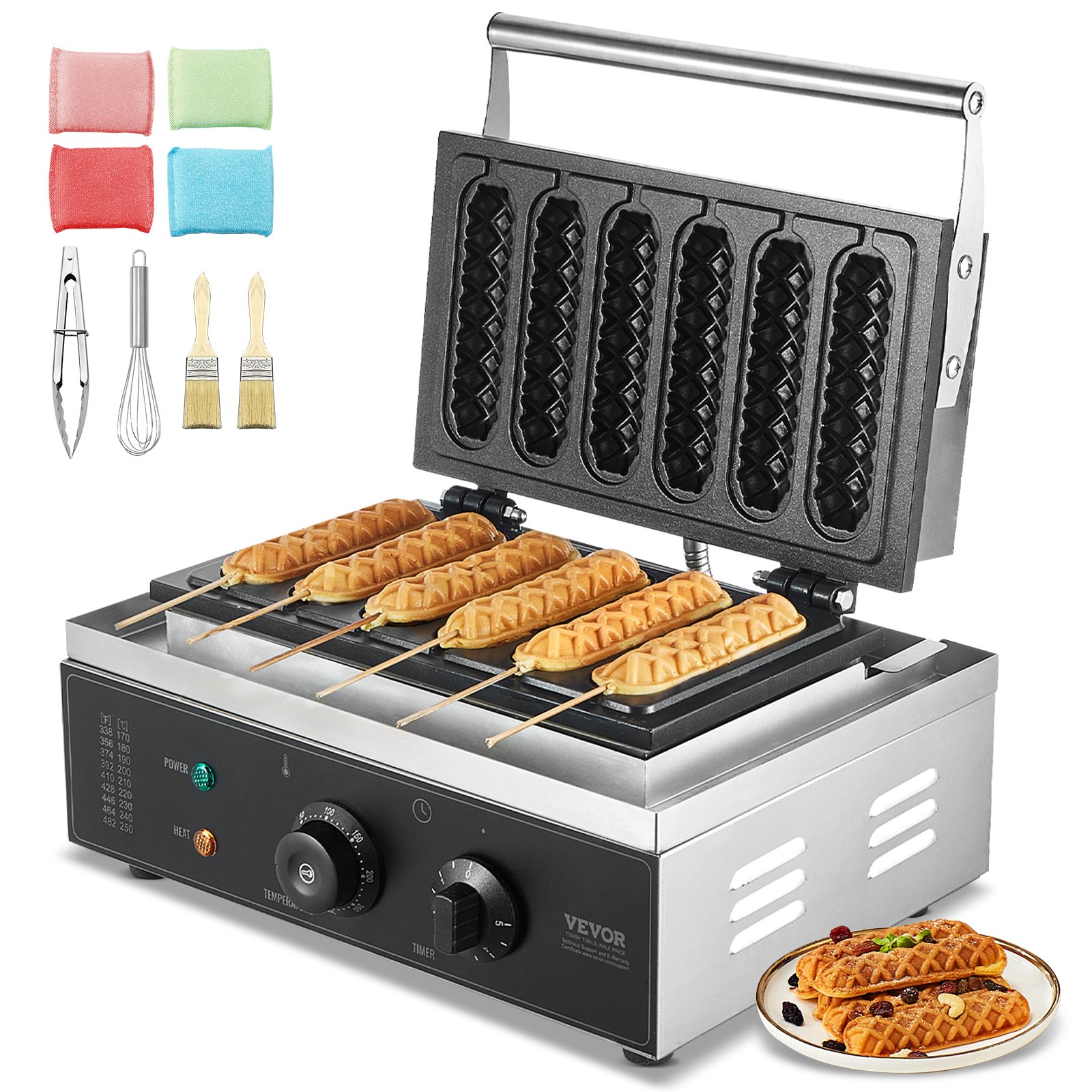 VEVOR 6 PCS Máquina para Hacer Gofres Comerciales, 1500 W, Acero Inoxidable Antiadherente, para Gofres de Maíz, Salchichas, Control de Temperatura y Tiempo, Asa, para Restaurantes, Panaderías, Bares
