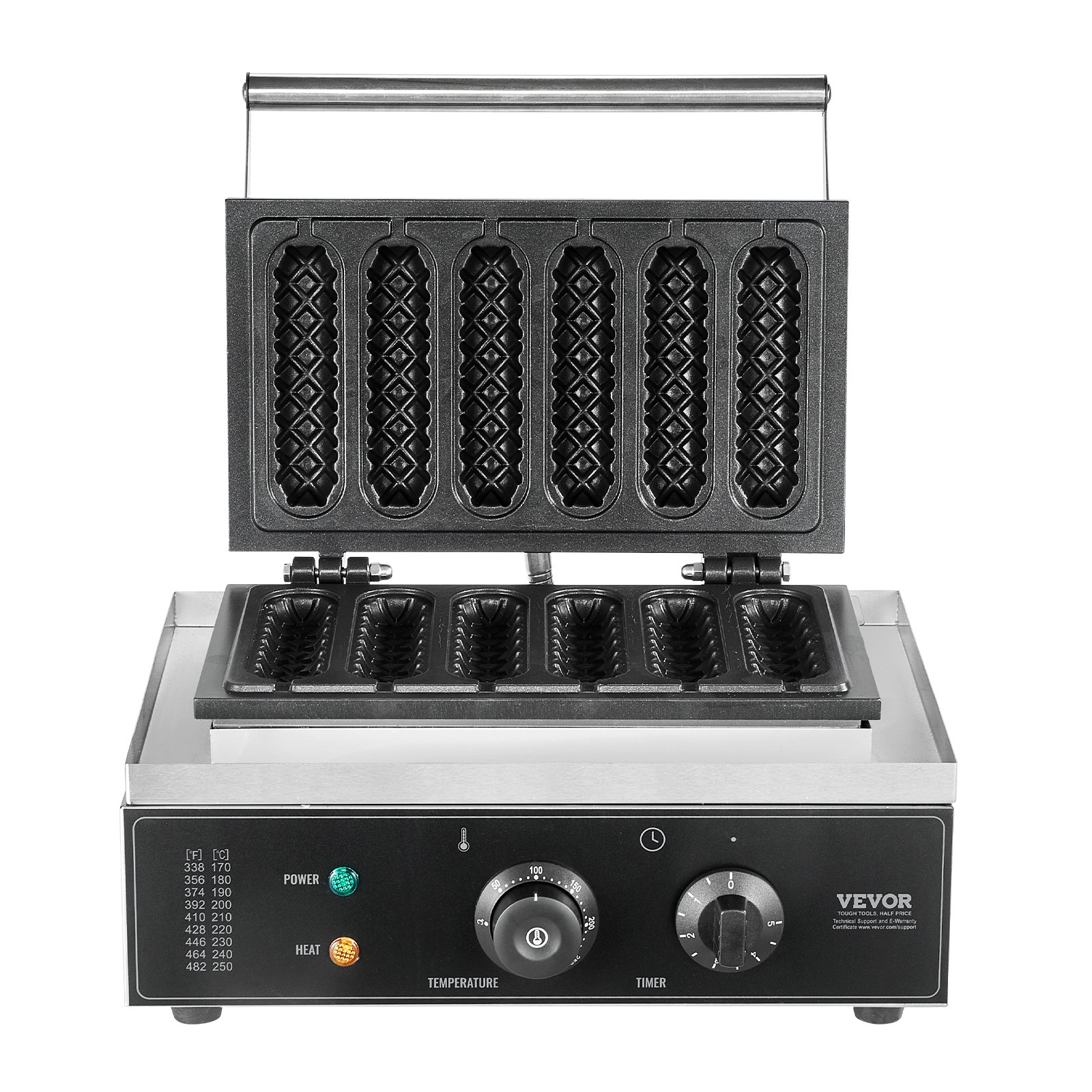 VEVOR 6 PCS Máquina para Hacer Gofres Comerciales, 1500 W, Acero Inoxidable Antiadherente, para Gofres de Maíz, Salchichas, Control de Temperatura y Tiempo, Asa, para Restaurantes, Panaderías, Bares
