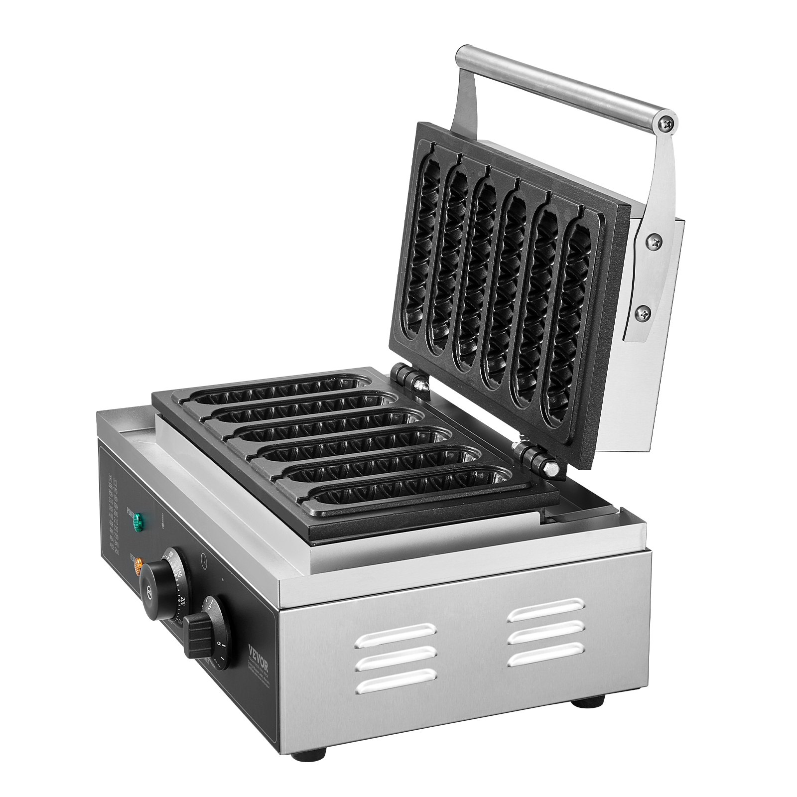 VEVOR 6 PCS Máquina para Hacer Gofres Comerciales, 1500 W, Acero Inoxidable Antiadherente, para Gofres de Maíz, Salchichas, Control de Temperatura y Tiempo, Asa, para Restaurantes, Panaderías, Bares
