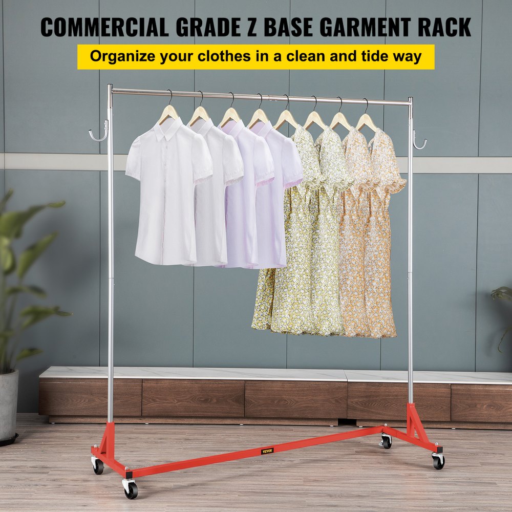 VEVOR Perchero Burro para Ropa en Z 60 x 159 x 160 cm Perchero Resistente con 4 Ruedas, Acero Inoxidable, Capacidad de 80 kg, Perchero Comercial con Base en Forma de Z con 2 Ganchos, Color Rojo 8,5 kg