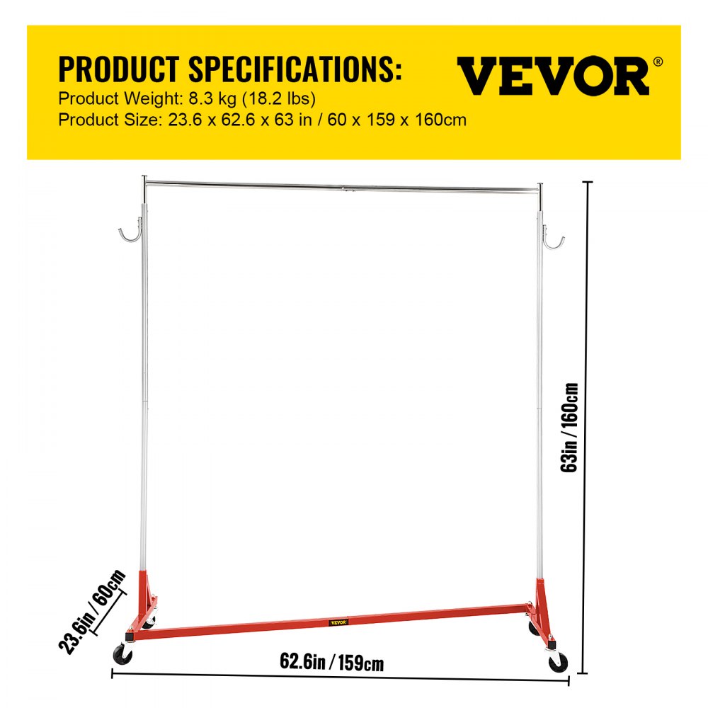 VEVOR Perchero Burro para Ropa en Z 60 x 159 x 160 cm Perchero Resistente con 4 Ruedas, Acero Inoxidable, Capacidad de 80 kg, Perchero Comercial con Base en Forma de Z con 2 Ganchos, Color Rojo 8,5 kg