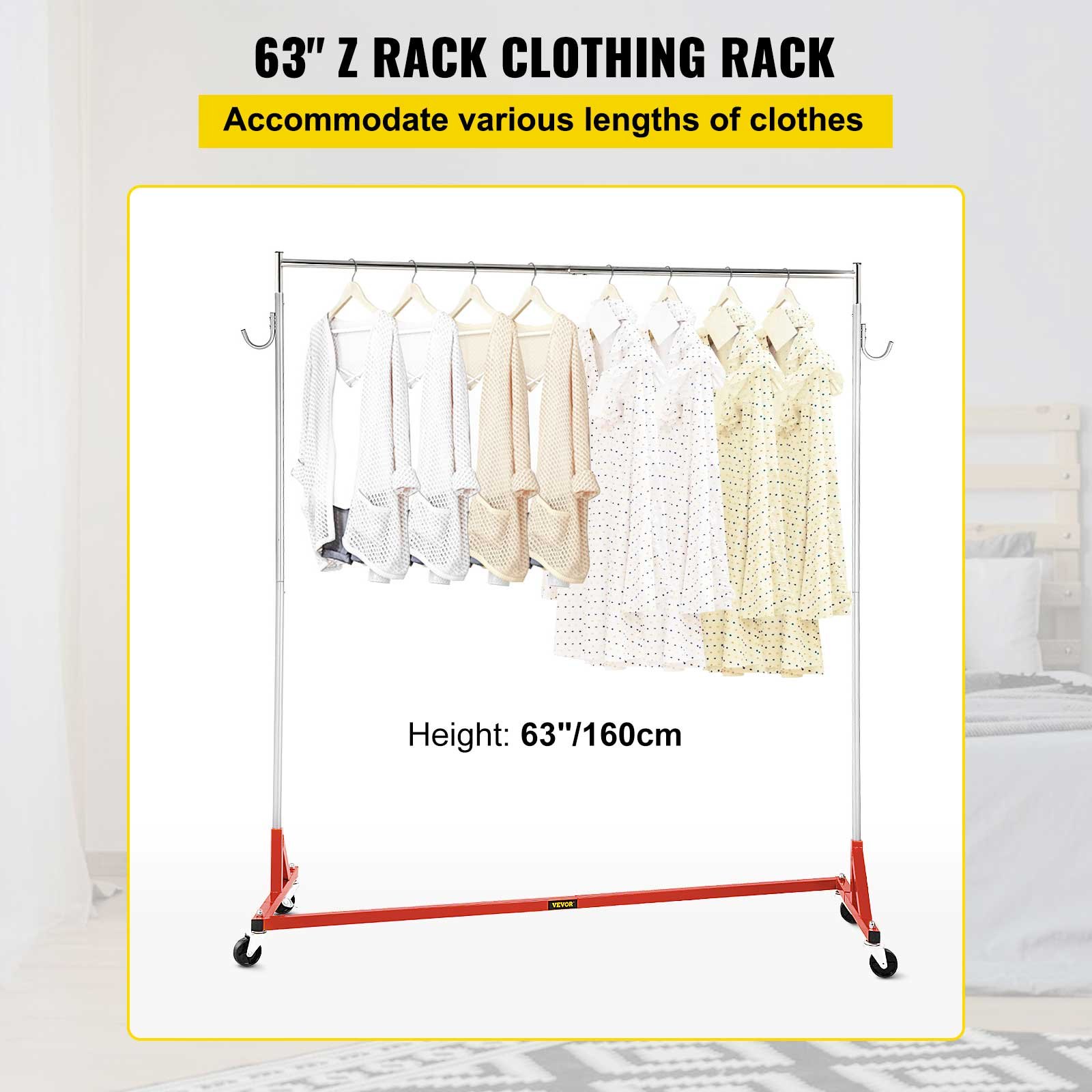 VEVOR Perchero Burro para Ropa en Z 60 x 159 x 160 cm Perchero Resistente con 4 Ruedas, Acero Inoxidable, Capacidad de 80 kg, Perchero Comercial con Base en Forma de Z con 2 Ganchos, Color Rojo 8,5 kg