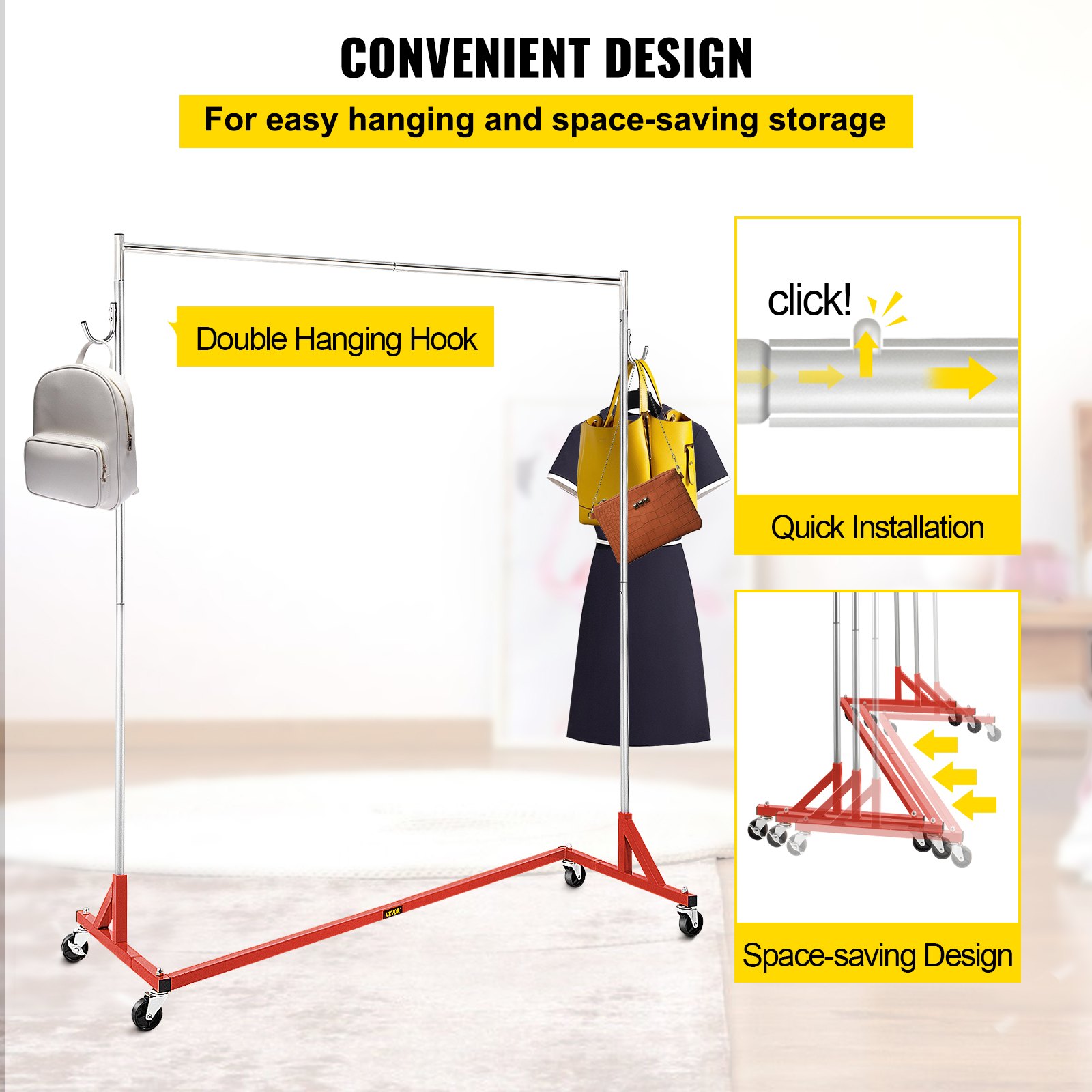 VEVOR Perchero Burro para Ropa en Z 60 x 159 x 160 cm Perchero Resistente con 4 Ruedas, Acero Inoxidable, Capacidad de 80 kg, Perchero Comercial con Base en Forma de Z con 2 Ganchos, Color Rojo 8,5 kg