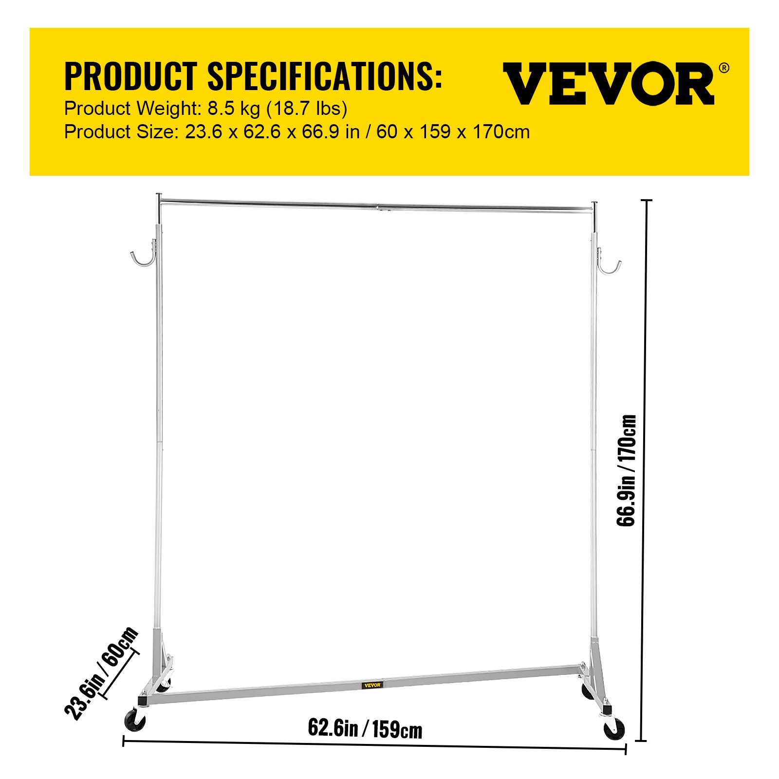 VEVOR Burro Perchero para Ropa en Z 60 x 159 x 170cm Perchero Resistente con 4 Ruedas de Acero Inoxidable Capacidad de 136kg Perchero Comercial con