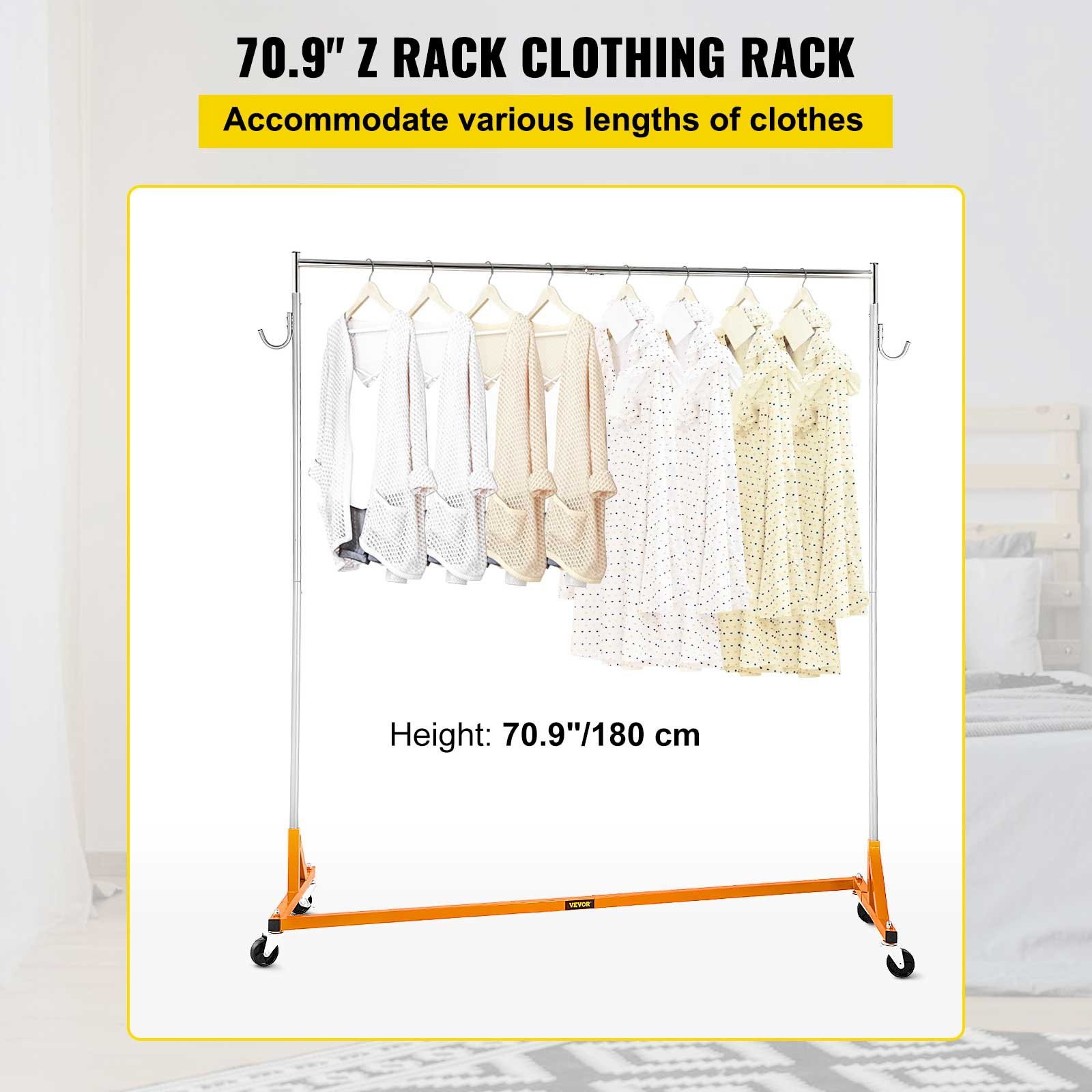 VEVOR Perchero Burro para Ropa en Z 60 x 159 x 180 cm Perchero Resistente con 4 Ruedas, Acero Inoxidable, Capacidad de 80 kg, Perchero Comercial con Base en Forma de Z con 2 Ganchos, Color Naranja