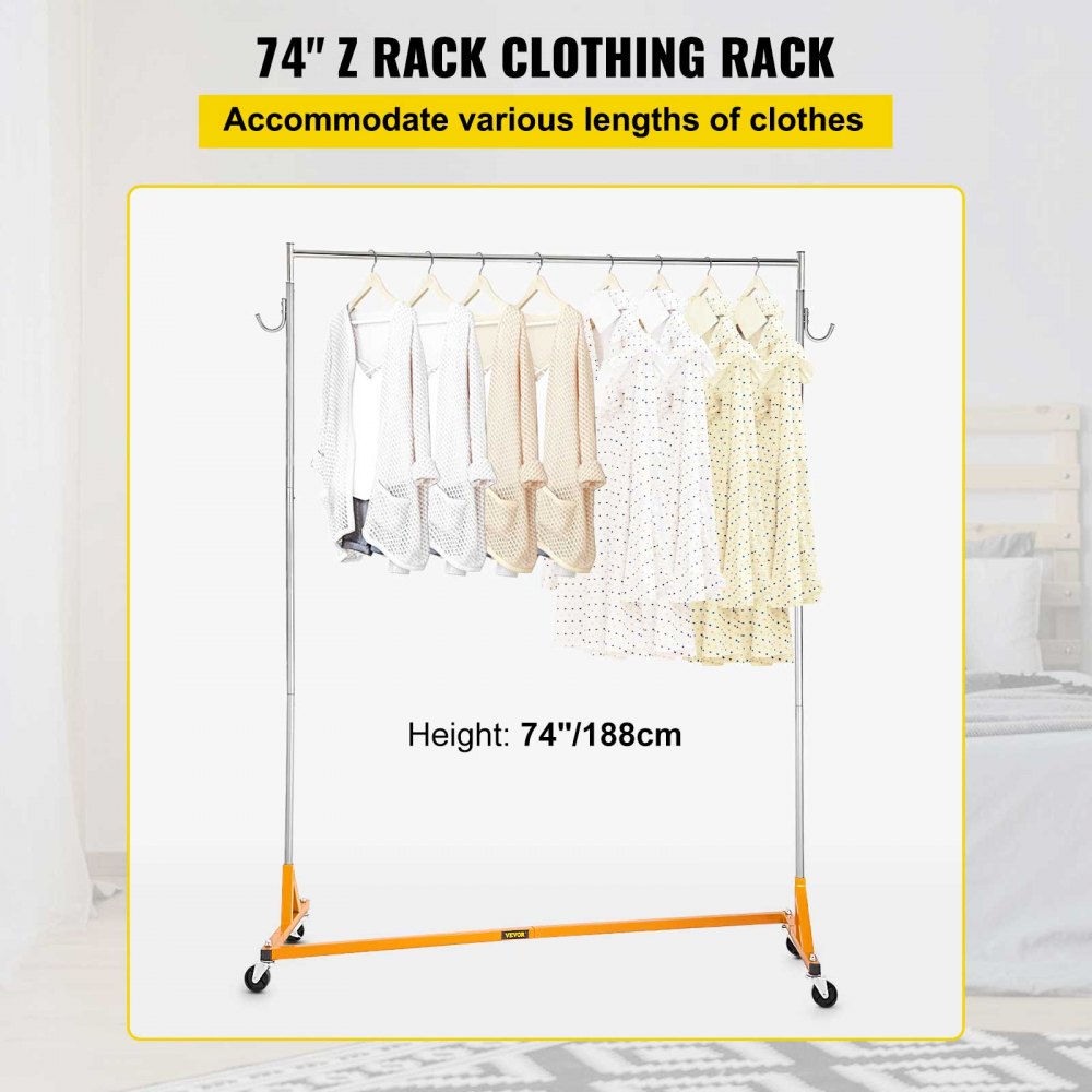 VEVOR Perchero Burro para Ropa en Z 60x165x188cm Perchero Resistente con 4 Ruedas 3 Piezas, Acero Inoxidable Capacidad de 136kg, Perchero Comercial con Base en Forma de Z con 2 Ganchos, Color Naranja