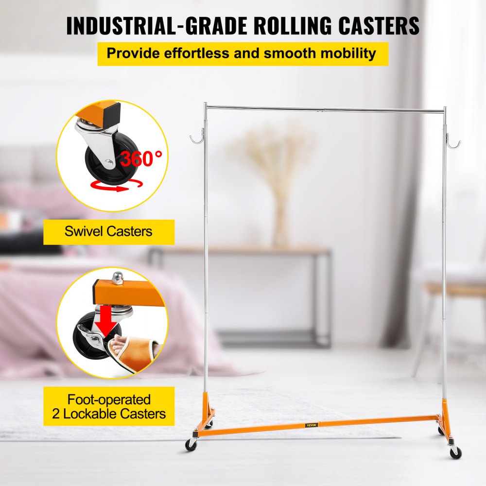 VEVOR Perchero Burro para Ropa en Z 60x165x188cm Perchero Resistente con 4 Ruedas 3 Piezas, Acero Inoxidable Capacidad de 136kg, Perchero Comercial con Base en Forma de Z con 2 Ganchos, Color Naranja