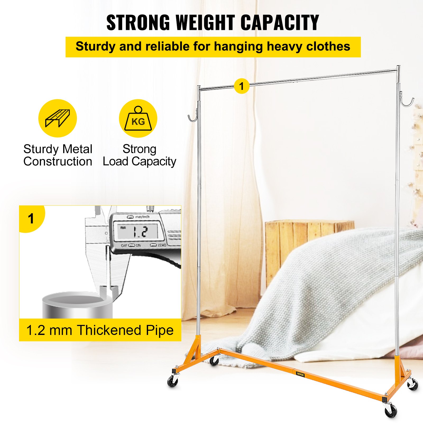 VEVOR Perchero Burro para Ropa en Z 60x165x188cm Perchero Resistente con 4 Ruedas 3 Piezas, Acero Inoxidable Capacidad de 136kg, Perchero Comercial con Base en Forma de Z con 2 Ganchos, Color Naranja