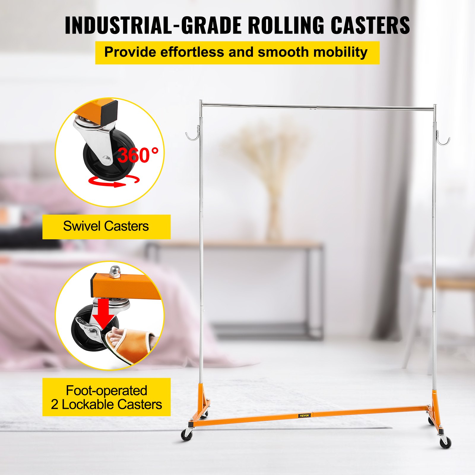 VEVOR Perchero Burro para Ropa en Z 60x165x188cm Perchero Resistente con 4 Ruedas 3 Piezas, Acero Inoxidable Capacidad de 136kg, Perchero Comercial con Base en Forma de Z con 2 Ganchos, Color Naranja