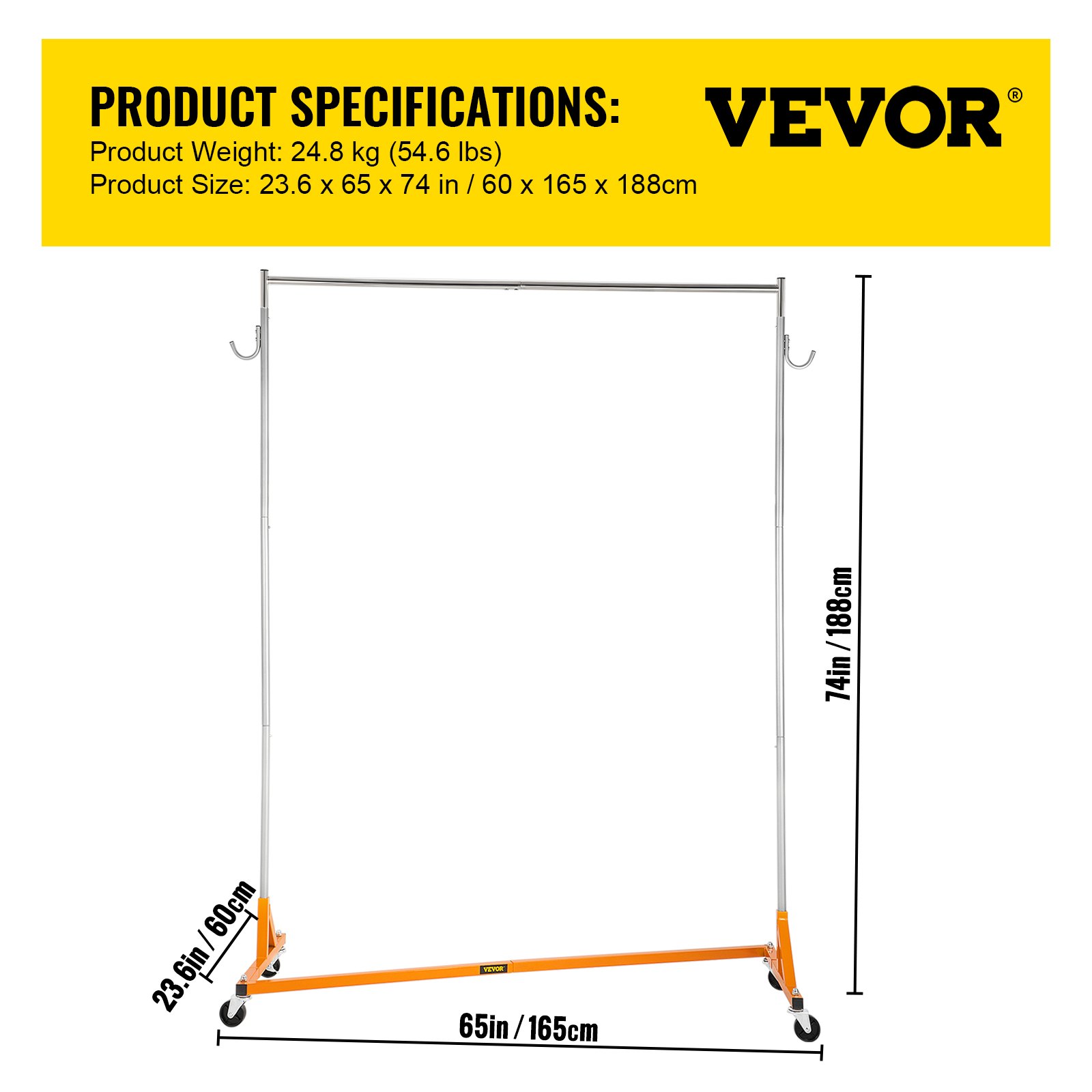 VEVOR Perchero Burro para Ropa en Z 60x165x188cm Perchero Resistente con 4 Ruedas 3 Piezas, Acero Inoxidable Capacidad de 136kg, Perchero Comercial con Base en Forma de Z con 2 Ganchos, Color Naranja