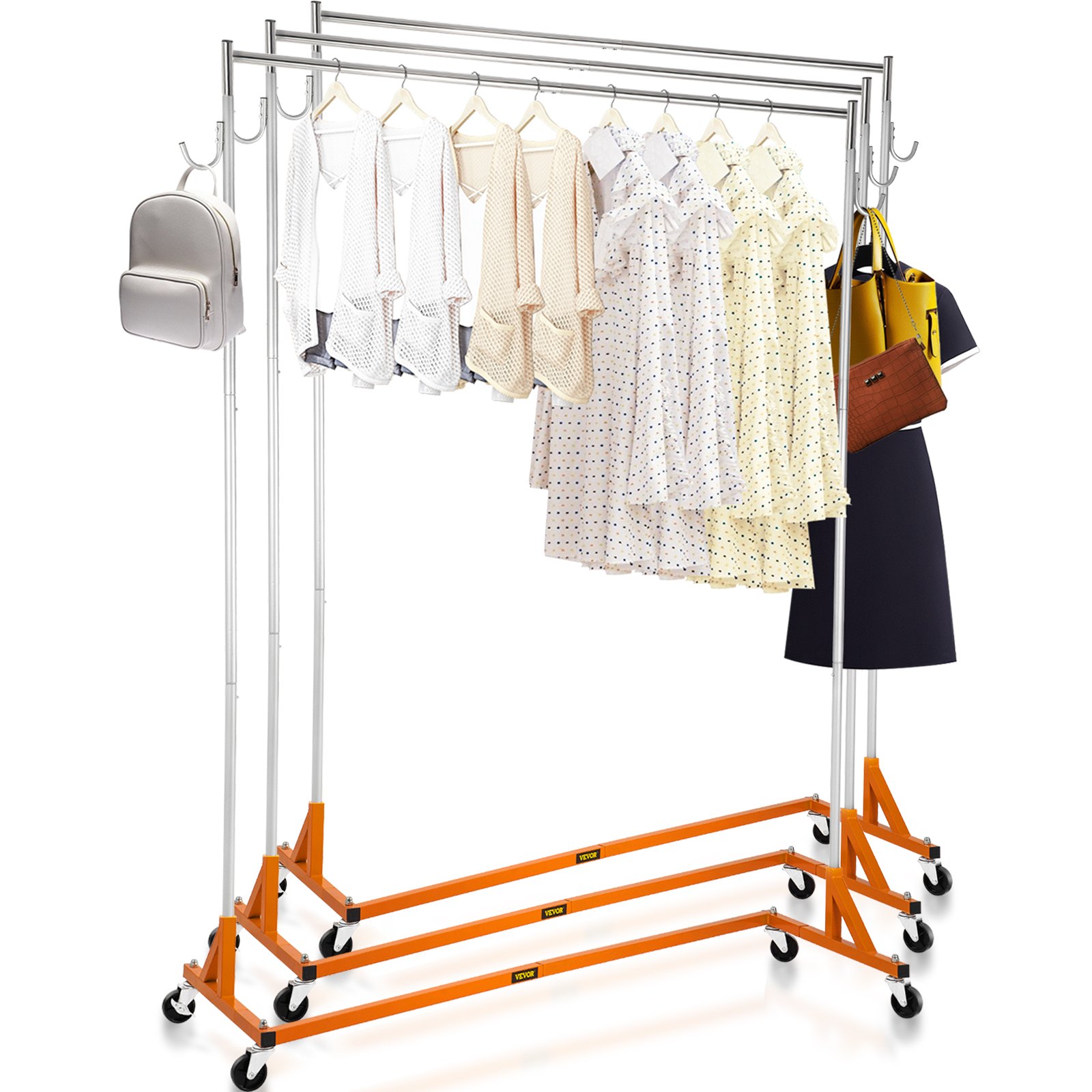 VEVOR Perchero Burro para Ropa en Z 60x165x188cm Perchero Resistente con 4 Ruedas 3 Piezas, Acero Inoxidable Capacidad de 136kg, Perchero Comercial con Base en Forma de Z con 2 Ganchos, Color Naranja