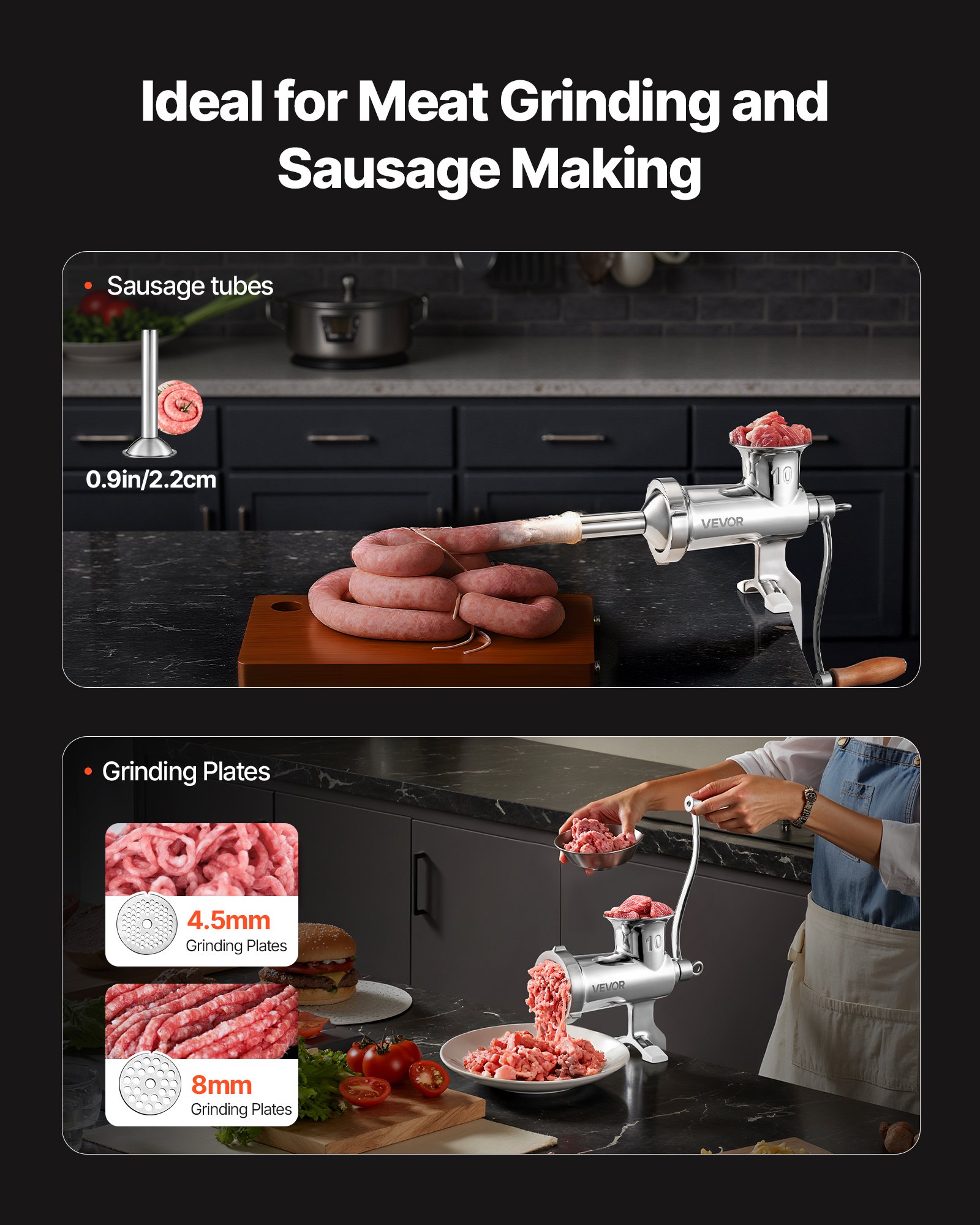 VEVOR Picadora de Carne Manual 8x19x28,5 cm Máquina para Moler Carne Acero Inoxidable Máquina de Picar Carne Doméstico con Tubo de Relleno de Salchicha Abrazadera de Mesa Ajustable para Cerdo Verduras