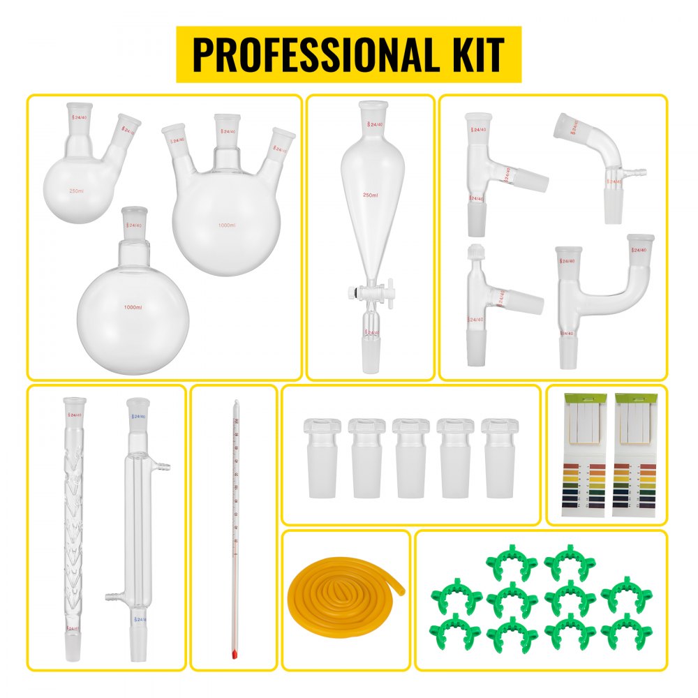VEVOR Kit 29 piezas Laboratorio Cristalería Laboratorio de Química Orgánica Cristalería Kit Lab Cristalería Kit Kit de Vidrio de Laboratorio Materiales