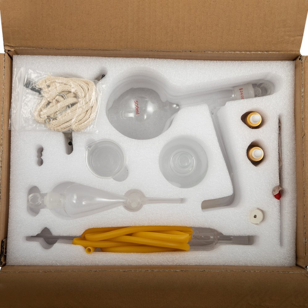 VEVOR Kit de Vidrio para Destilación Profesional para Laboratorio 25 piezas, Unidad de Destilación Vidrio de Laboratorio, Aparato de Destilación con Condensador, Destilación de Vidrio Agua Pura 500 ml