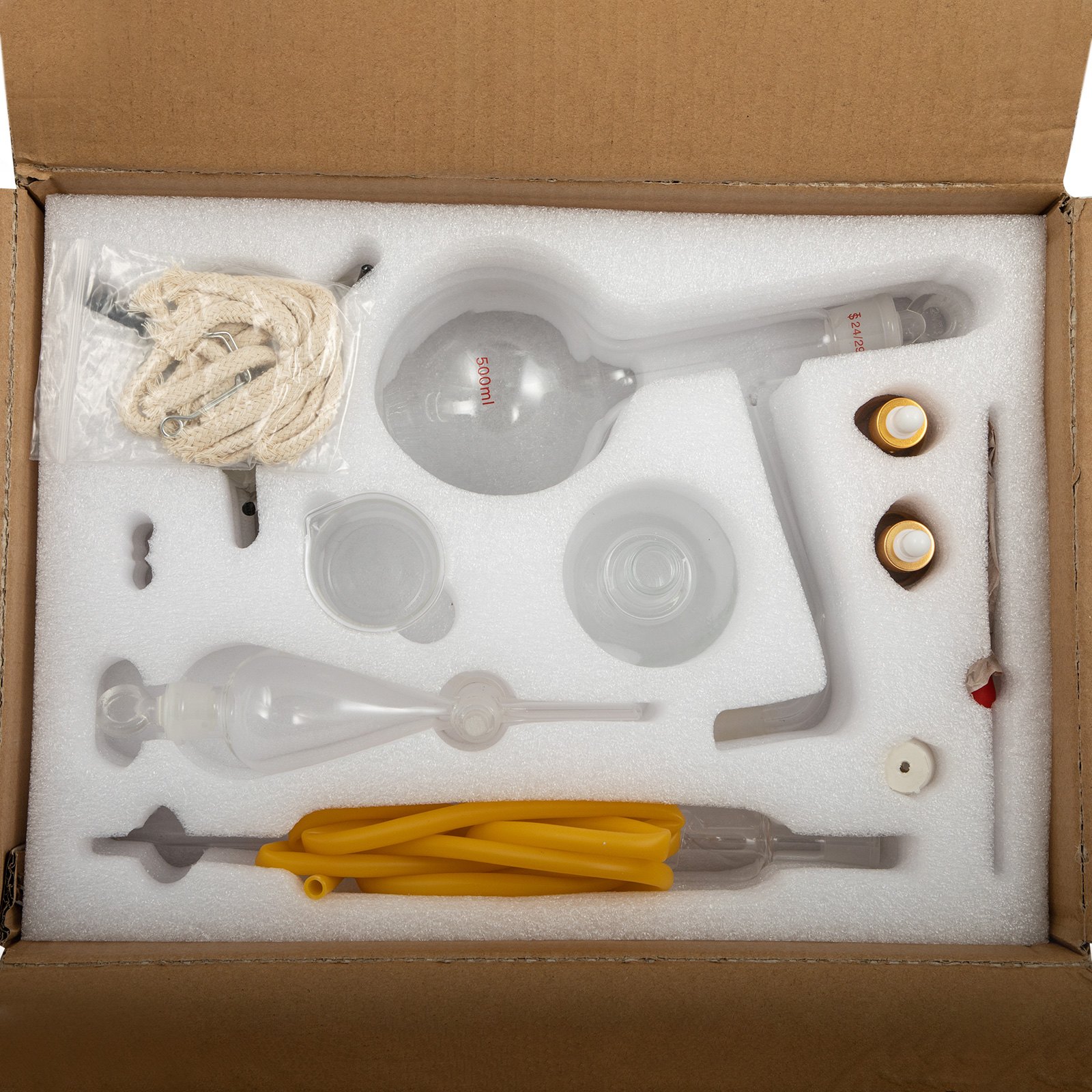 VEVOR Kit de Vidrio para Destilación Profesional para Laboratorio 25 piezas, Unidad de Destilación Vidrio de Laboratorio, Aparato de Destilación con Condensador, Destilación de Vidrio Agua Pura 500 ml