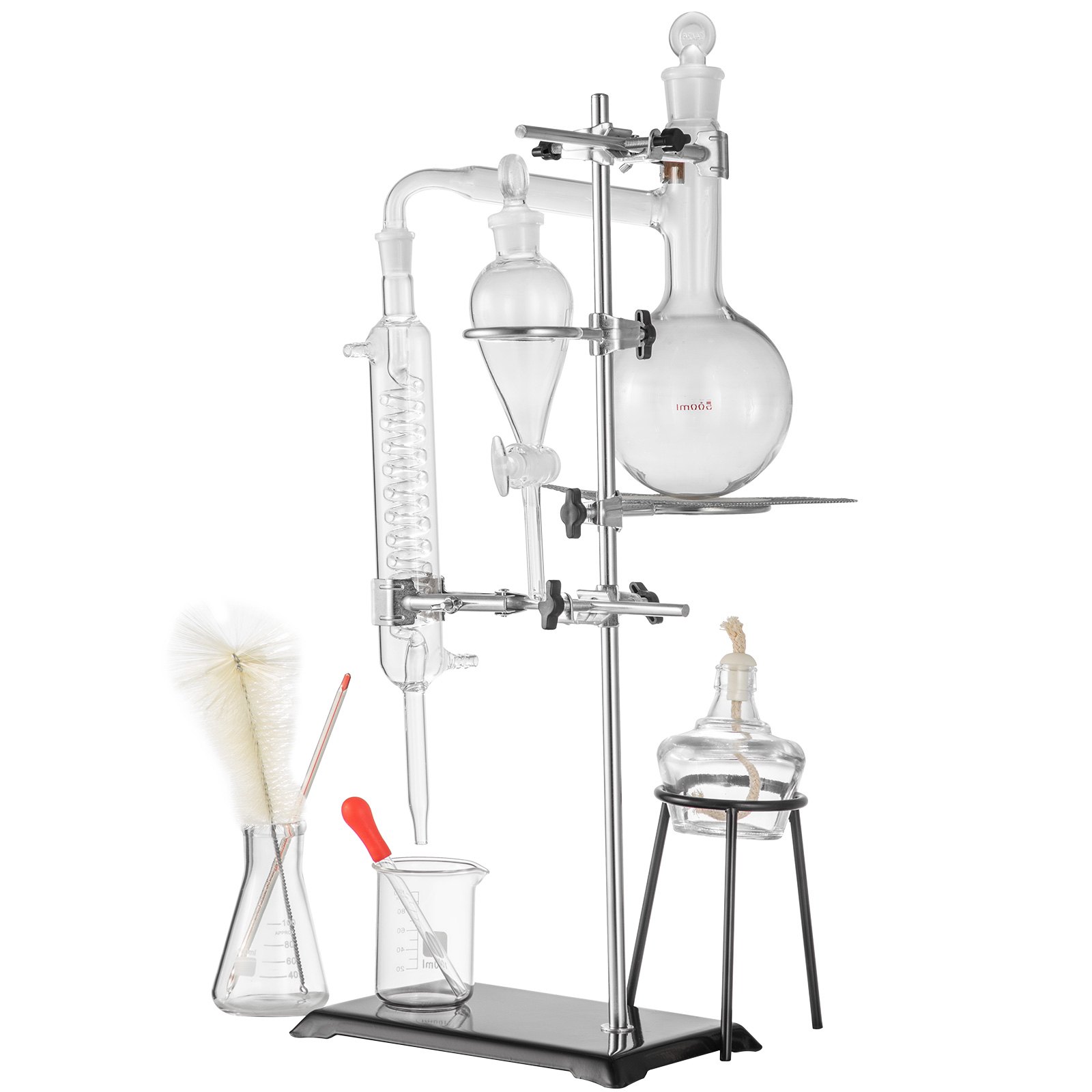 VEVOR Kit de Vidrio para Destilación Profesional para Laboratorio 25 piezas, Unidad de Destilación Vidrio de Laboratorio, Aparato de Destilación con Condensador, Destilación de Vidrio Agua Pura 500 ml
