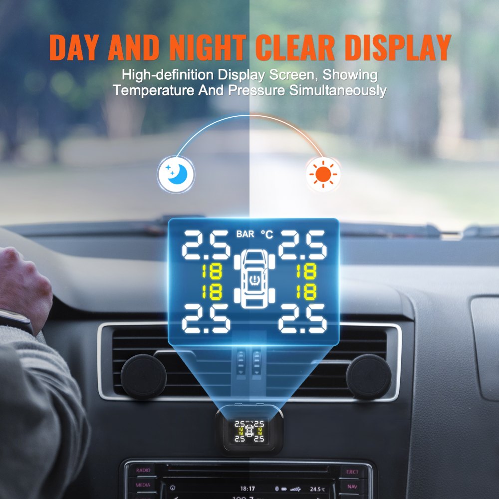 VEVOR Sistema de Monitoreo de Presión de Neumáticos para Vehículos Recreativos, 7,3 a 87 PSI, Sistema de Alarma Inalámbrico Universal, TPMS a Prueba de Agua 4 Sensores, 5 Modos Alarma, 51 x 39 x 77 mm