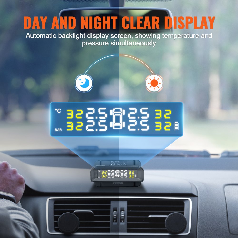 VEVOR Sistema de Monitoreo de Presión de Neumáticos para Vehículos Recreativos, TPMS para Remolques de 7,3 a 87 PSI, a Prueba de Agua con Carga Solar, 4 Sensores, 5 Modos de Alarma, 95 x 50 x 38 mm